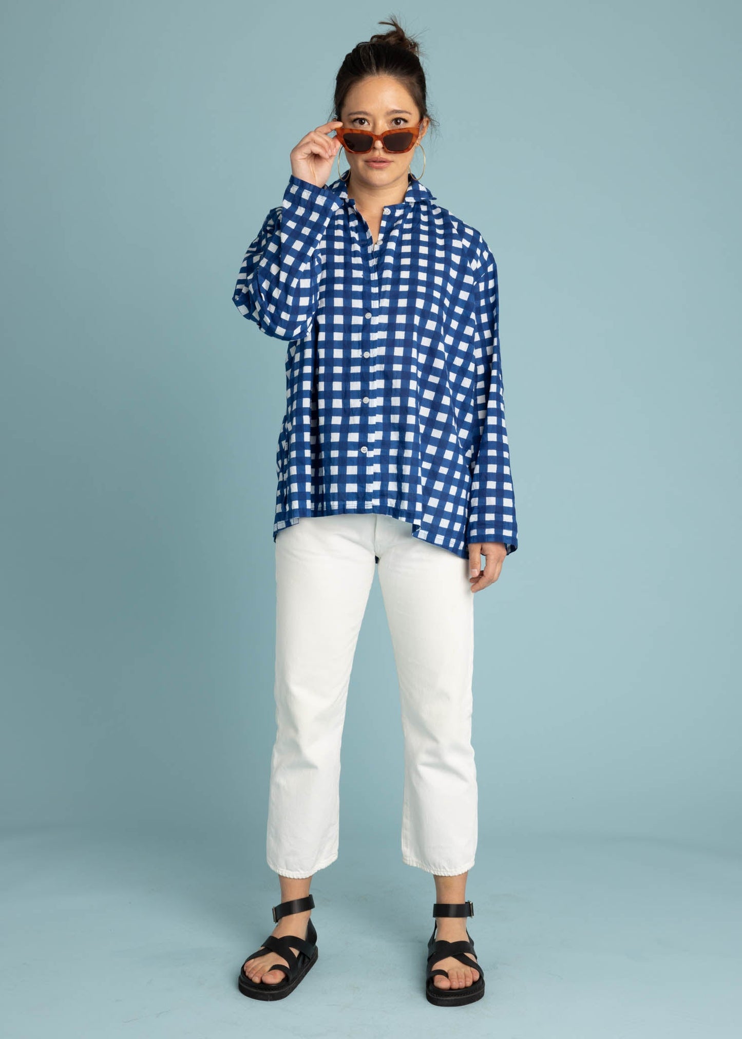 Relaxed Boyfriend Shirt - Gingham Picnic Coastal Blue