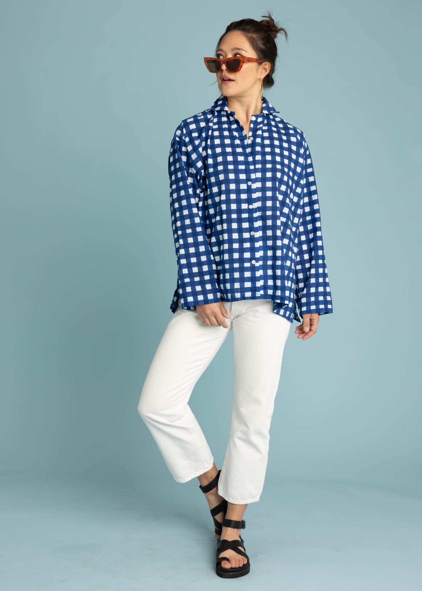 Relaxed Boyfriend Shirt - Gingham Picnic Coastal Blue