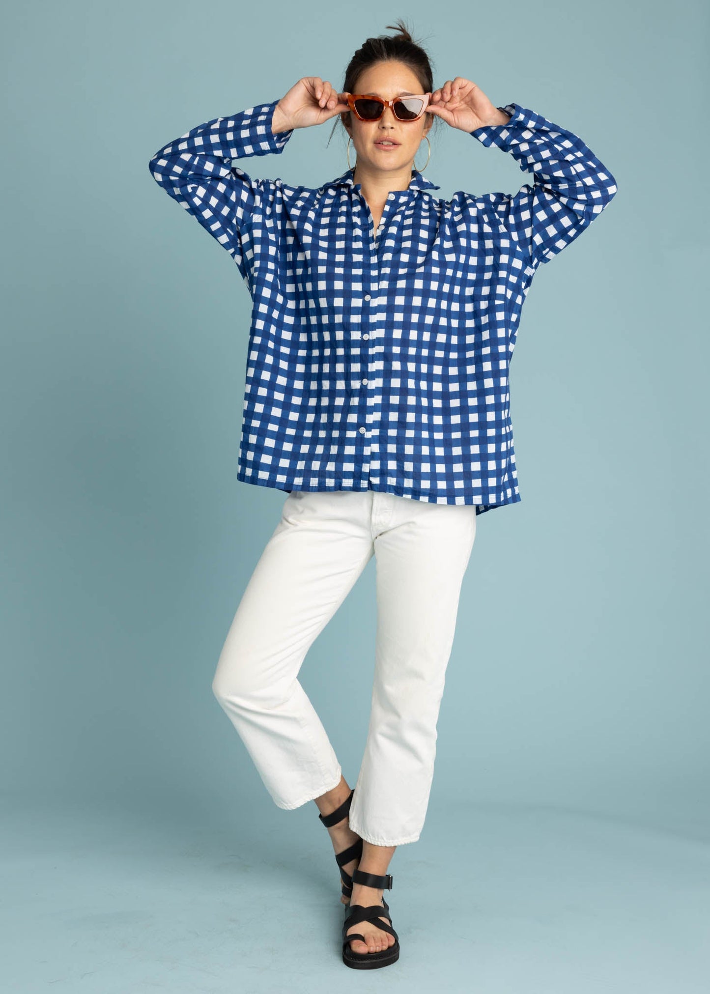 Relaxed Boyfriend Shirt - Gingham Picnic Coastal Blue