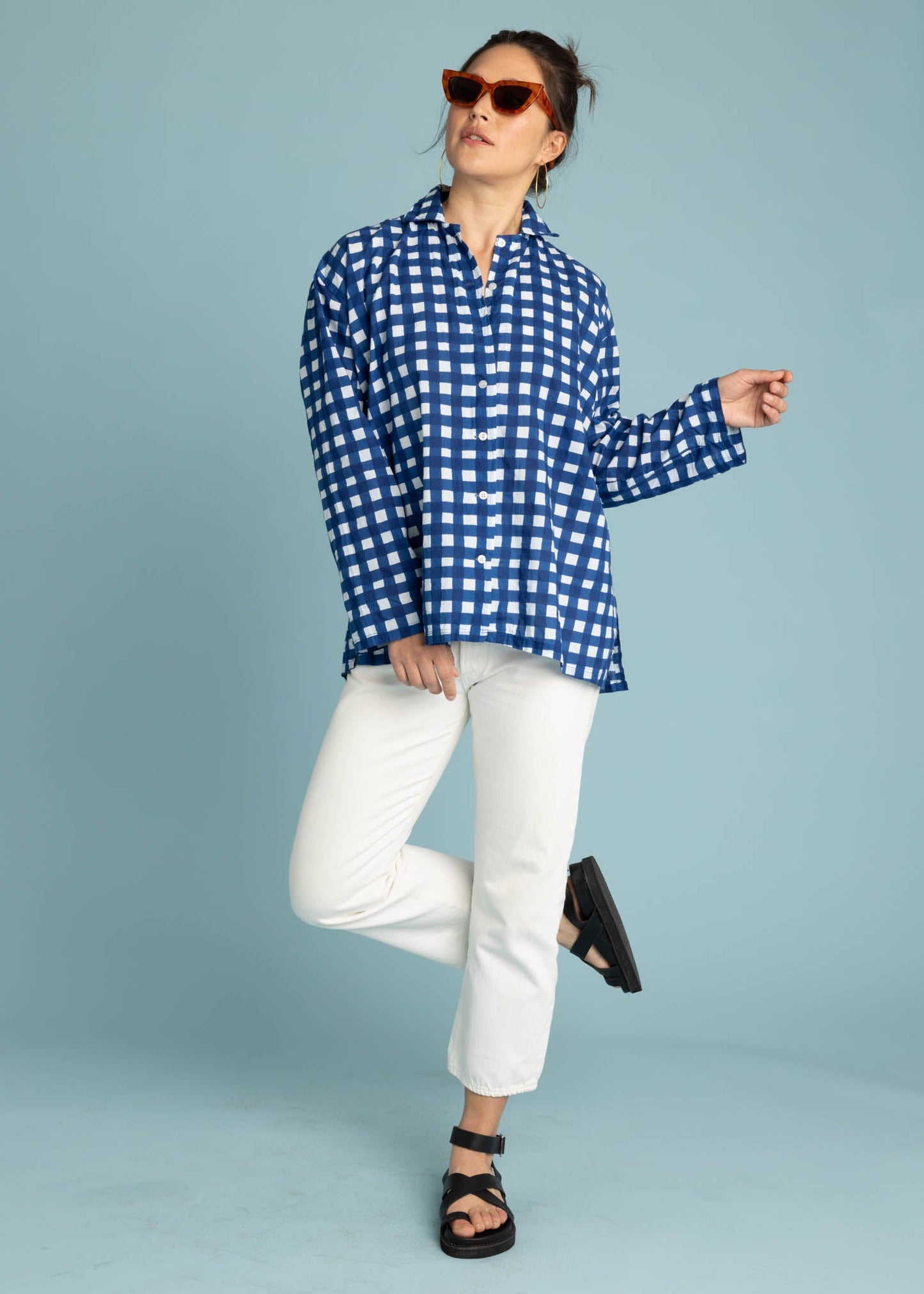 Relaxed Boyfriend Shirt - Gingham Picnic Coastal Blue