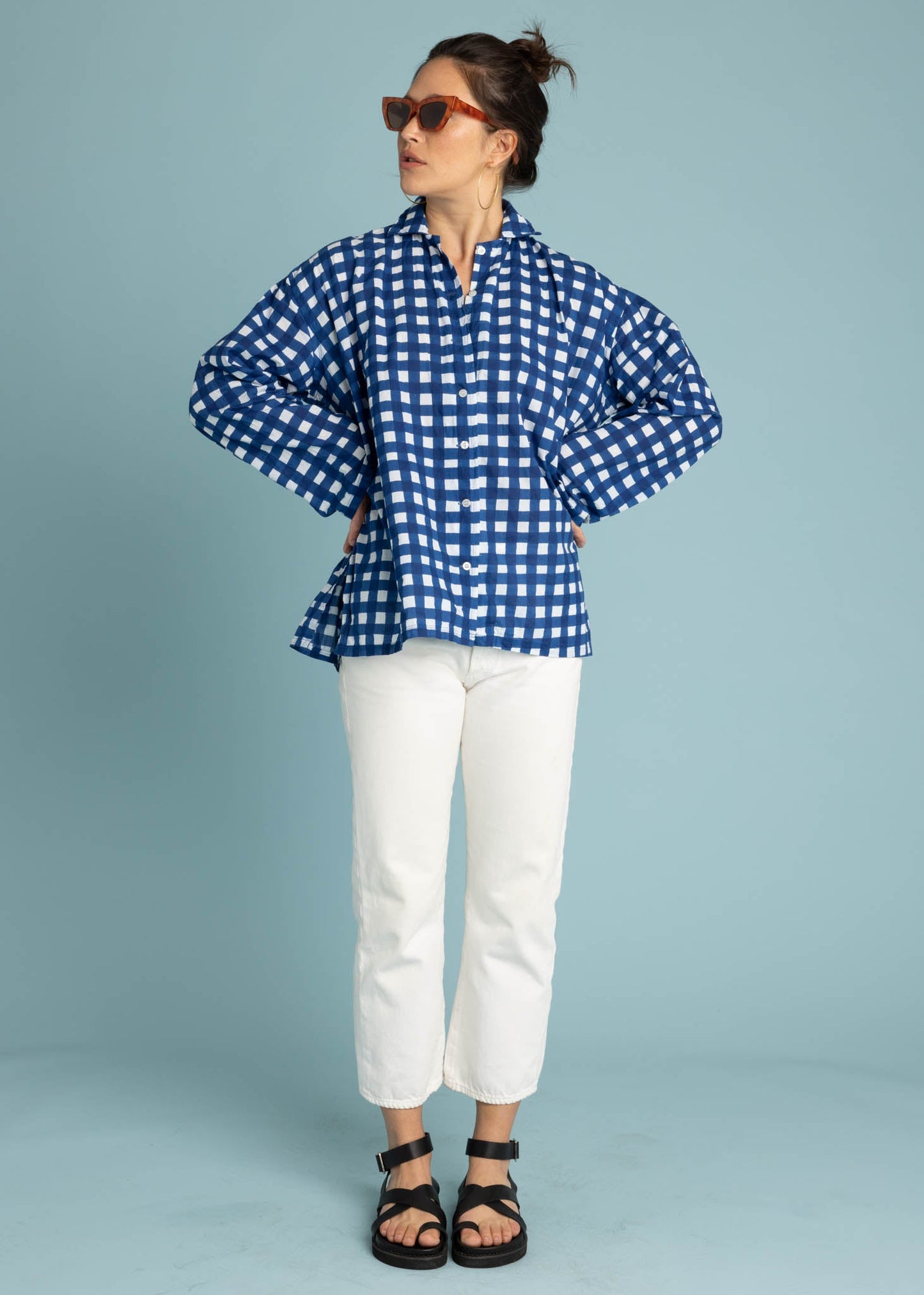 Relaxed Boyfriend Shirt - Gingham Picnic Coastal Blue