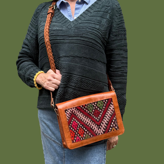 Leather & Kilim Crossbody Bag – Handmade in Morocco from Full-Grain Vegetable-Tanned Leather