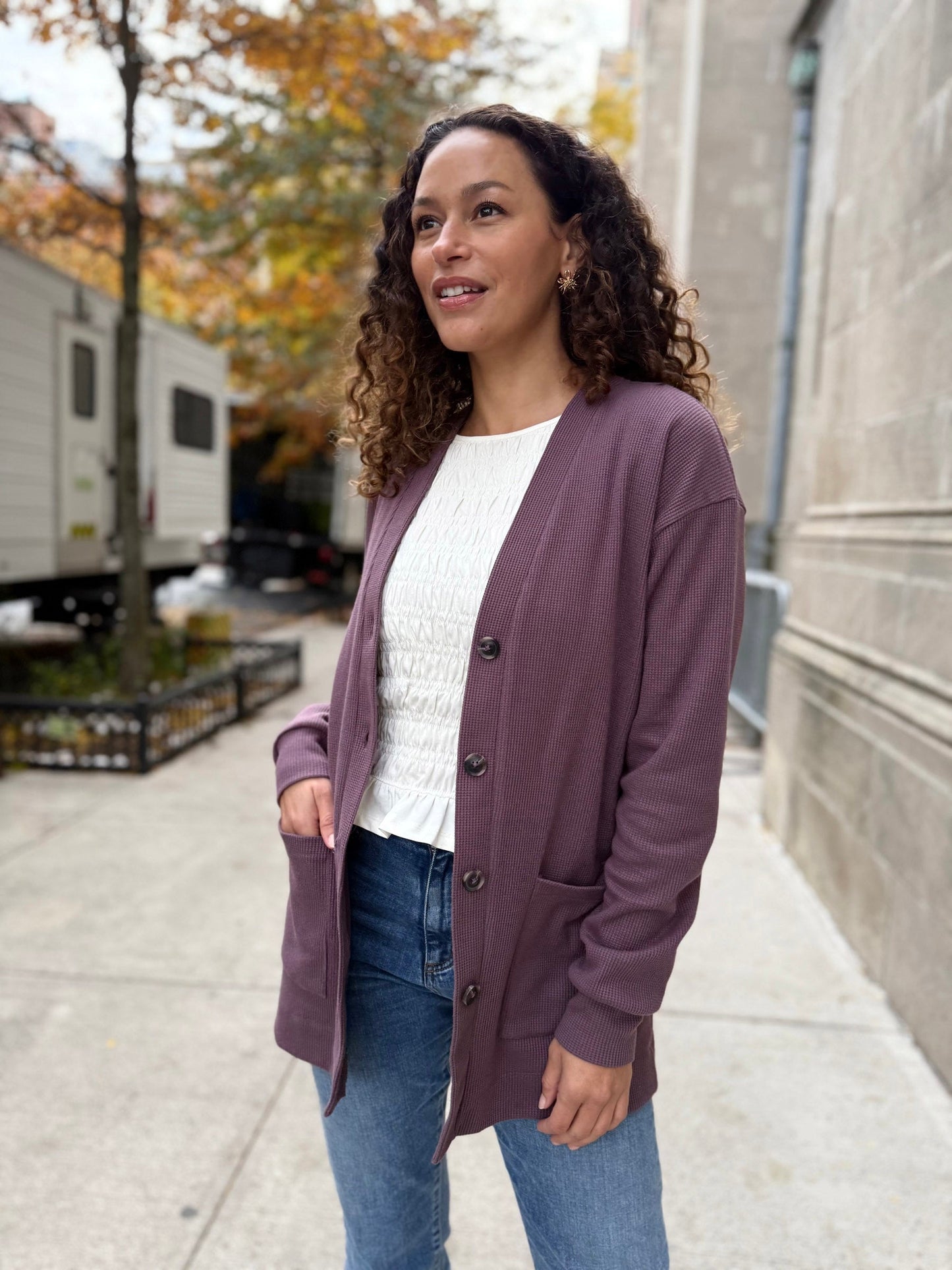 EVERLY waffle knit cardigan in Plum Shadow