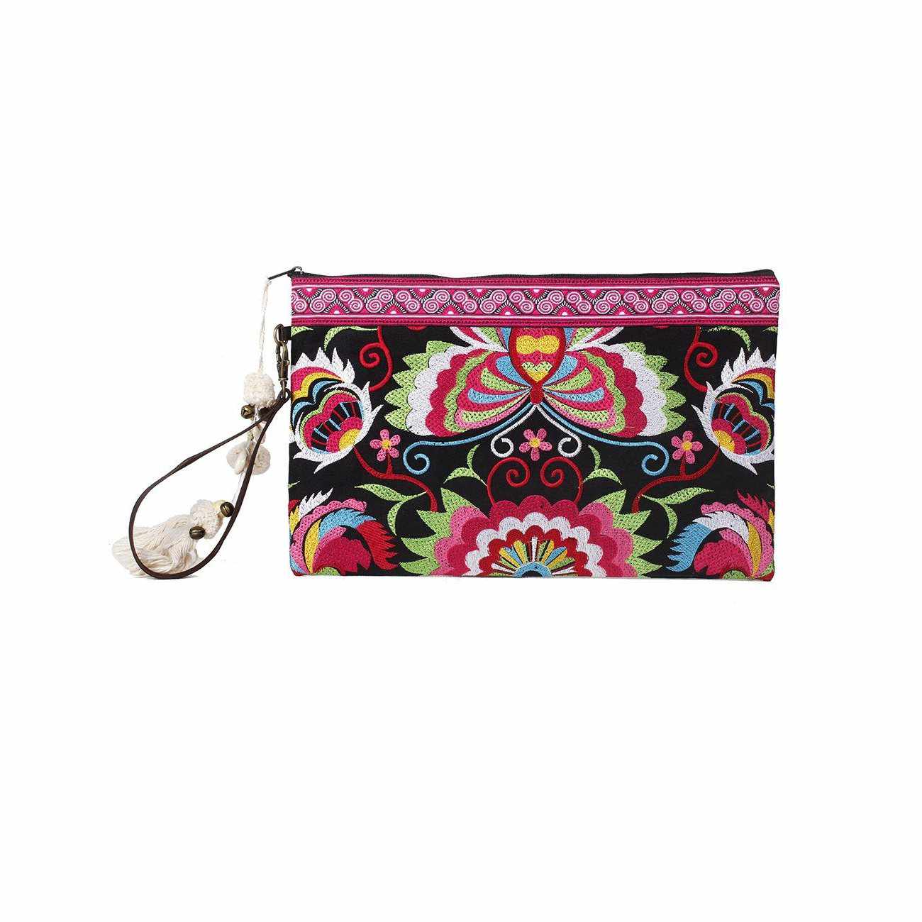 Botanica Embroidered Wristlet with PomPoms - Thailand