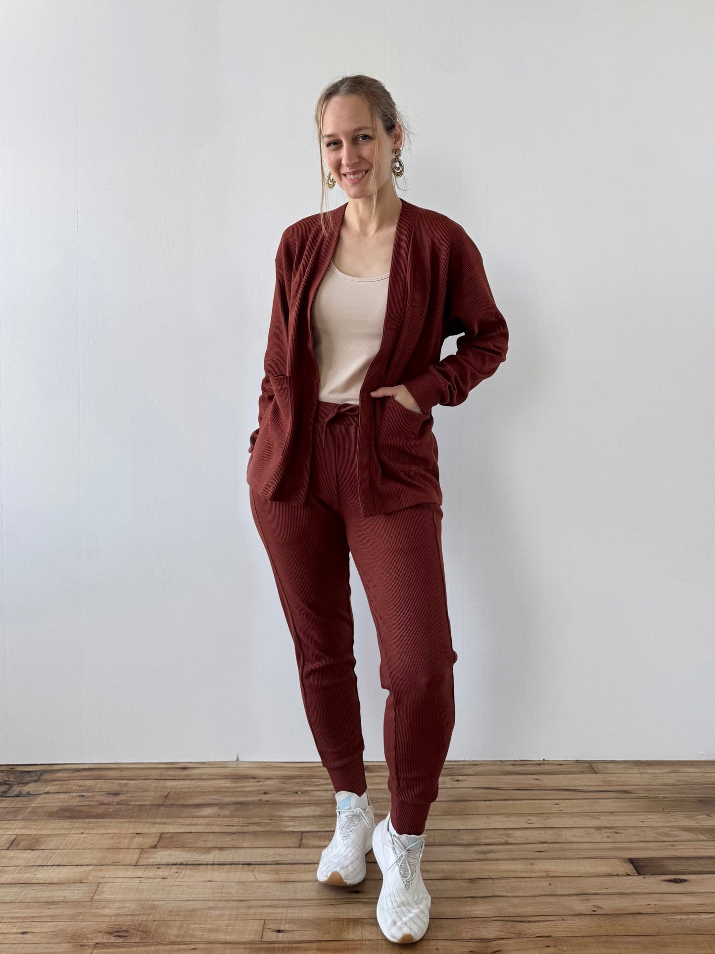 RILEY waffle knit cardigan in Cherrywood