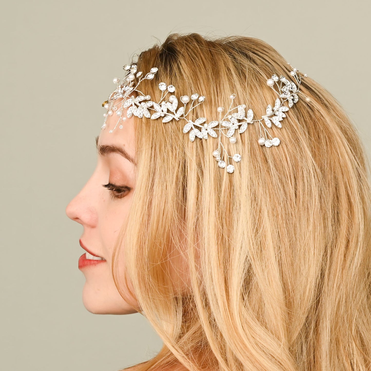 Ethereal Vine Silver Crystal and Pearl Silk Ribbon Headband