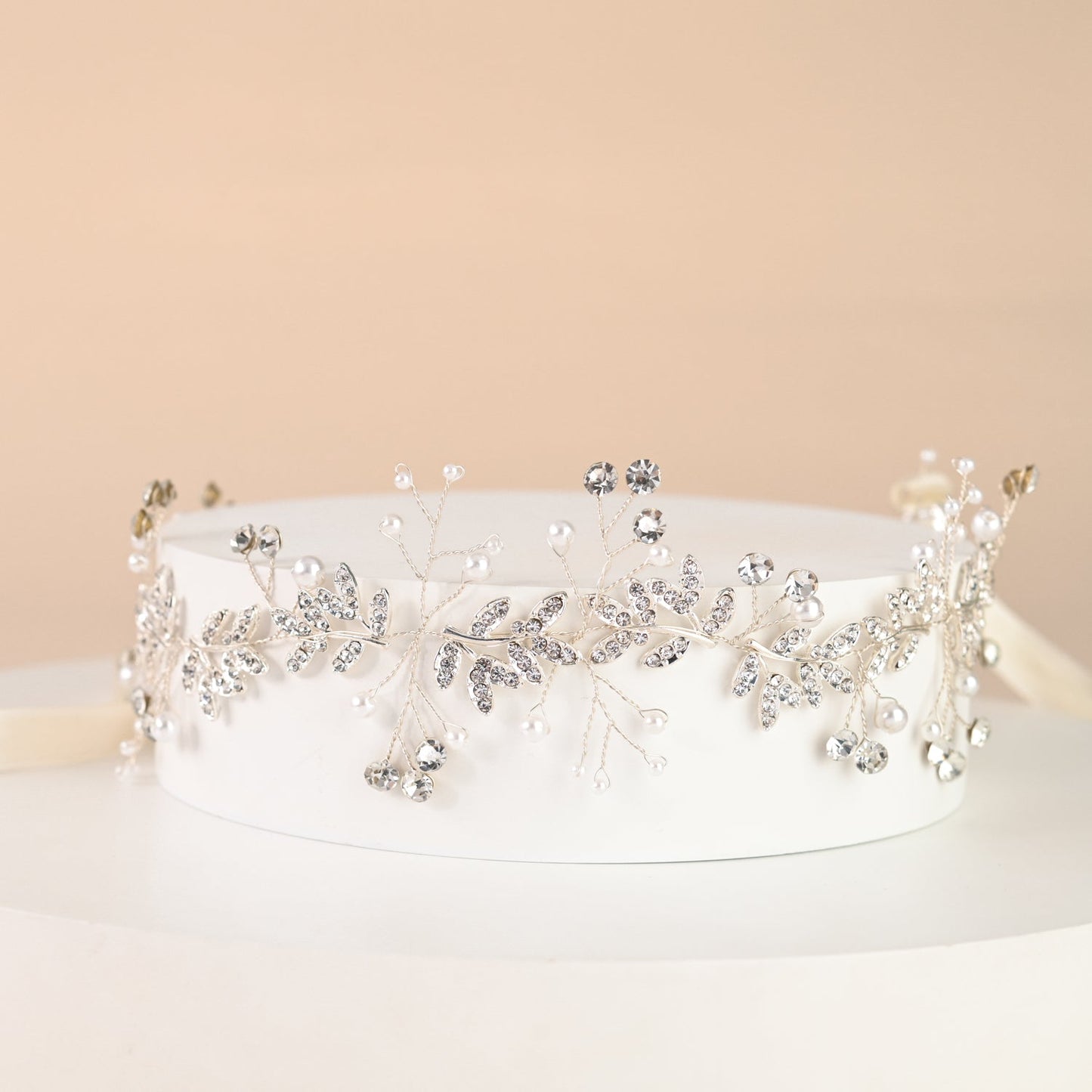 Ethereal Vine Silver Crystal and Pearl Silk Ribbon Headband