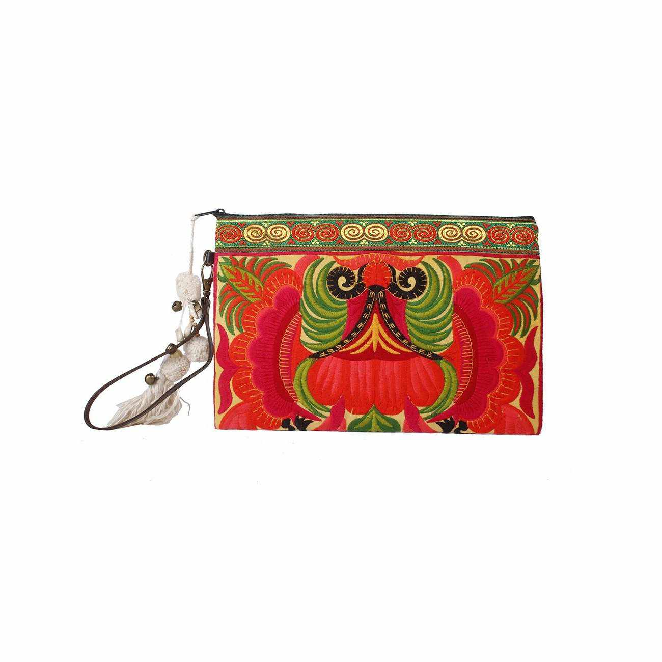 Botanica Embroidered Wristlet with PomPoms - Thailand