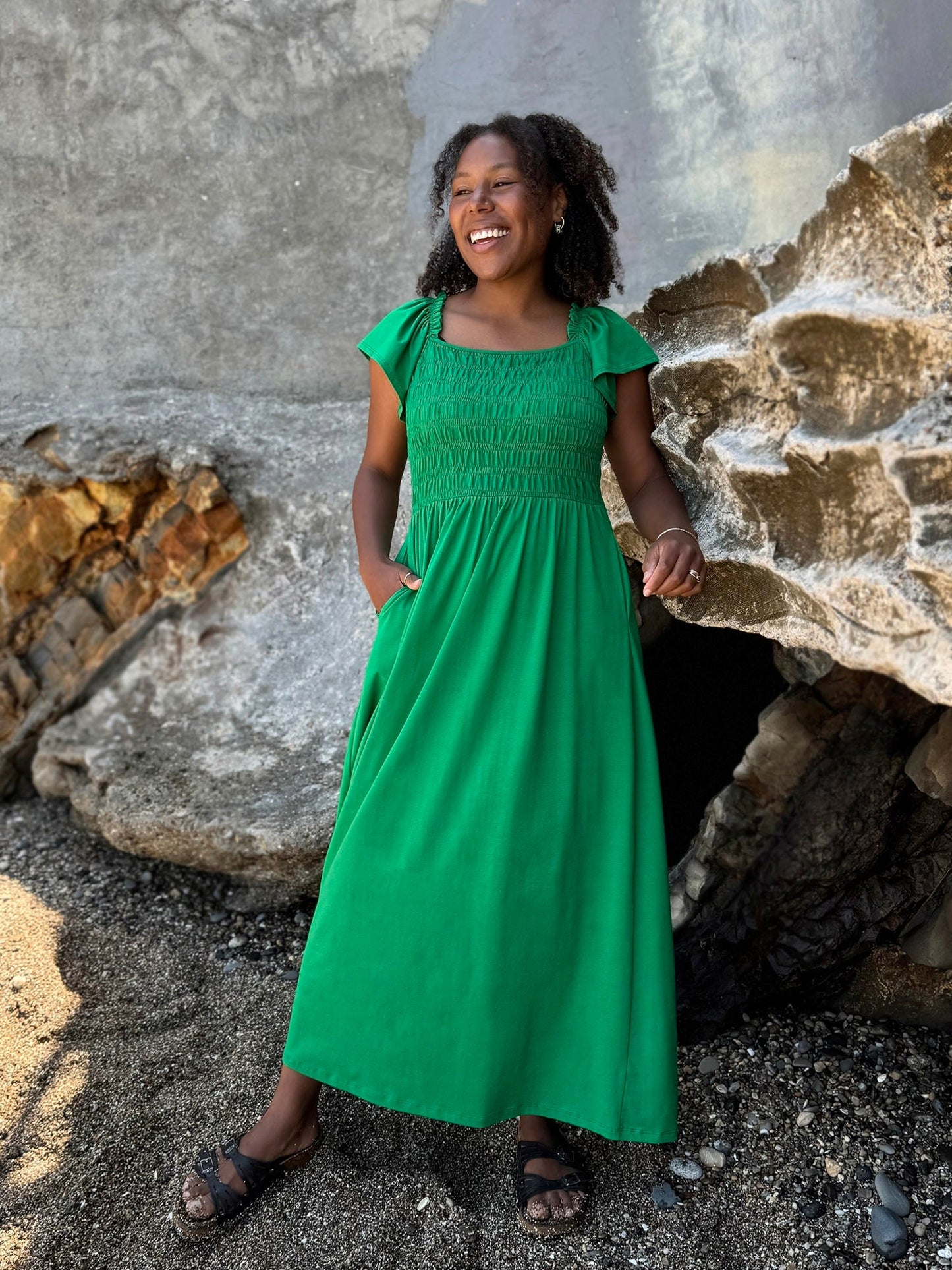 ADELIA smocked dress in Leaf Green