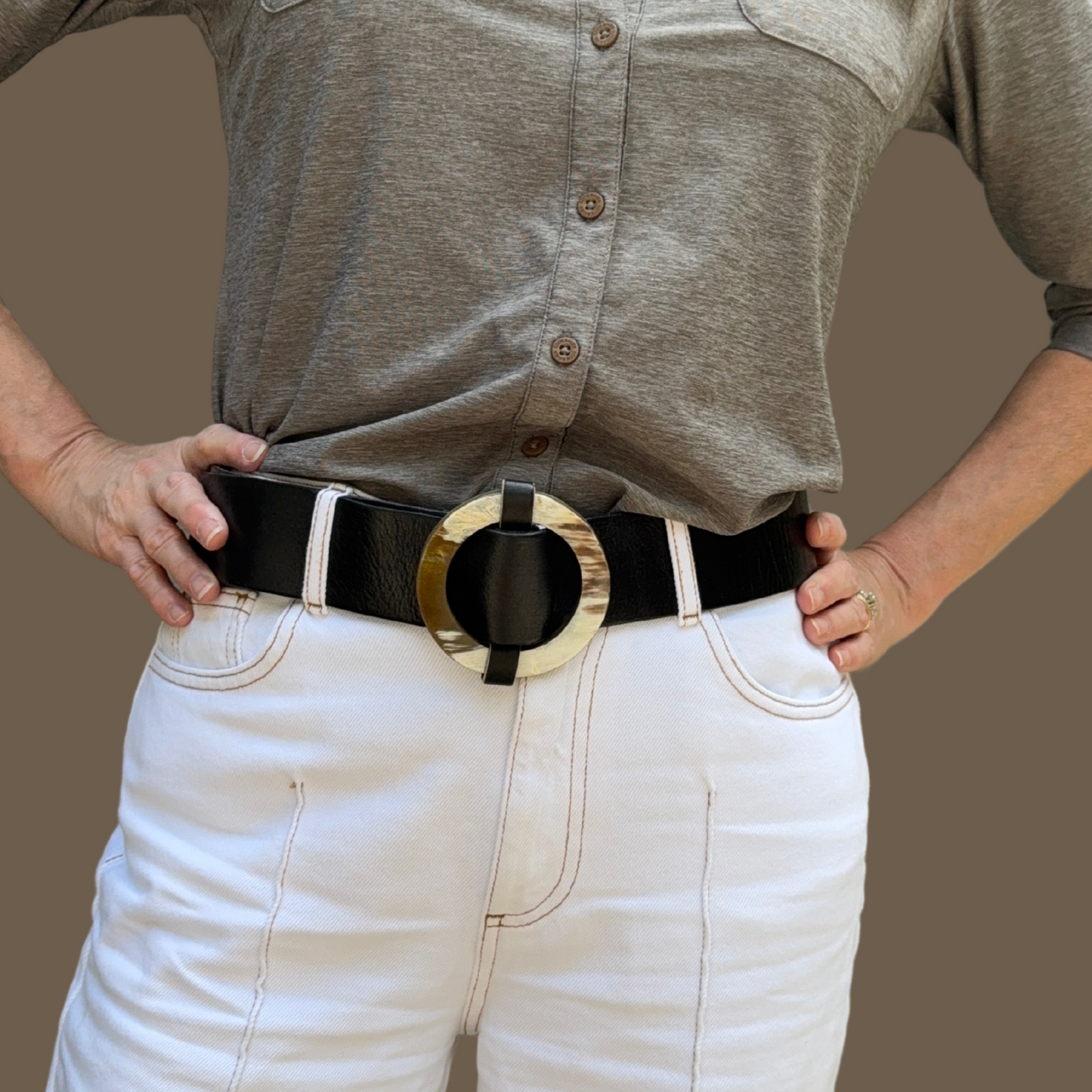 Handcrafted Black Leather Belt with Horn Buckle