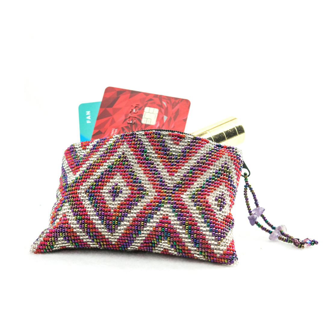 Beaded Seed Bead Geometric Coin Purse - Guatemala