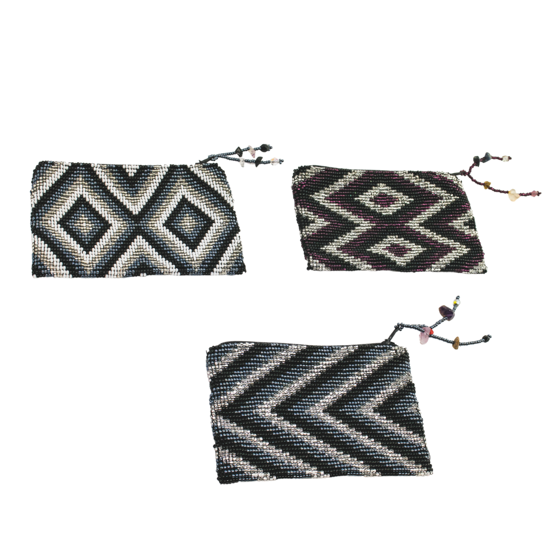 Beaded Seed Bead Geometric Coin Purse - Guatemala