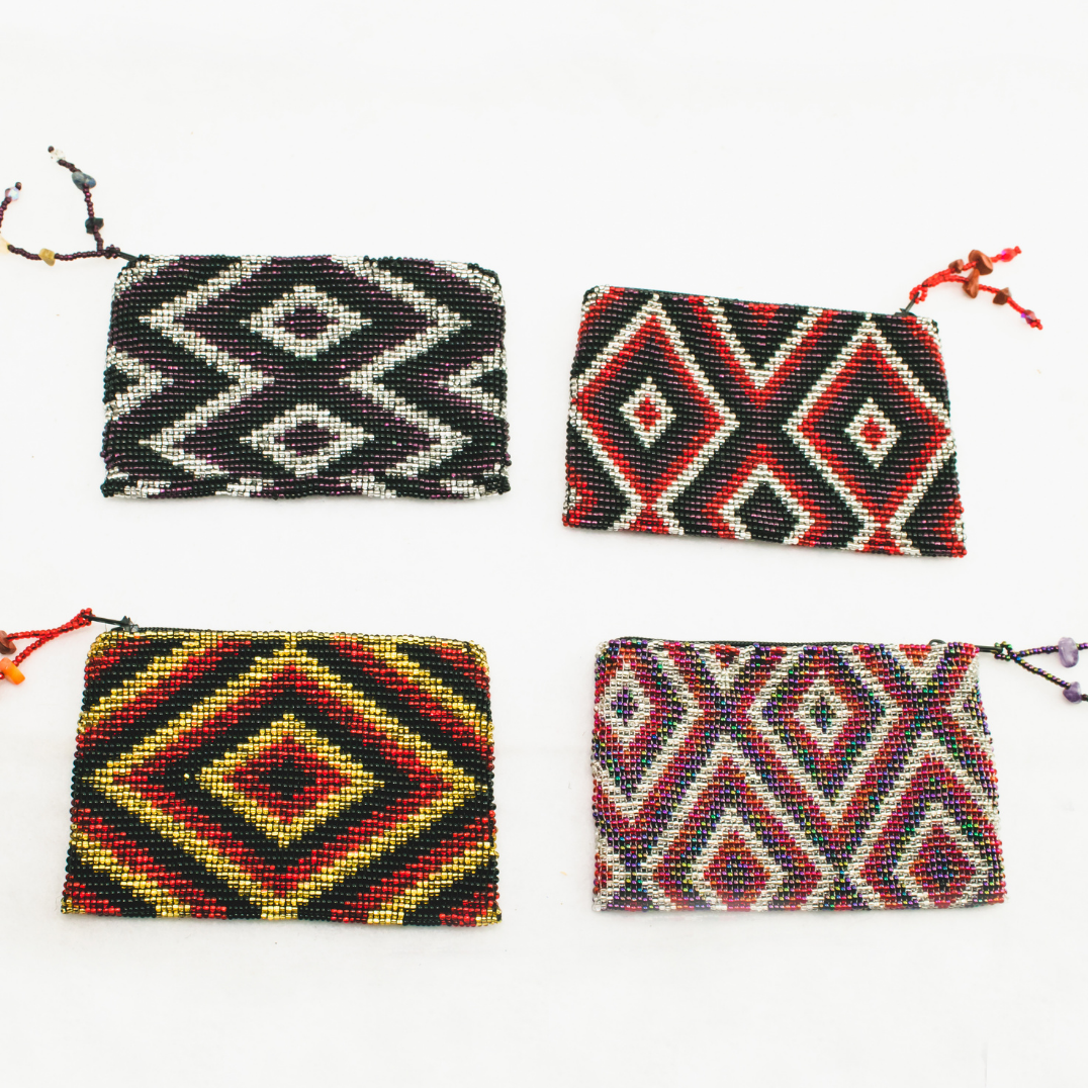 Beaded Seed Bead Geometric Coin Purse - Guatemala