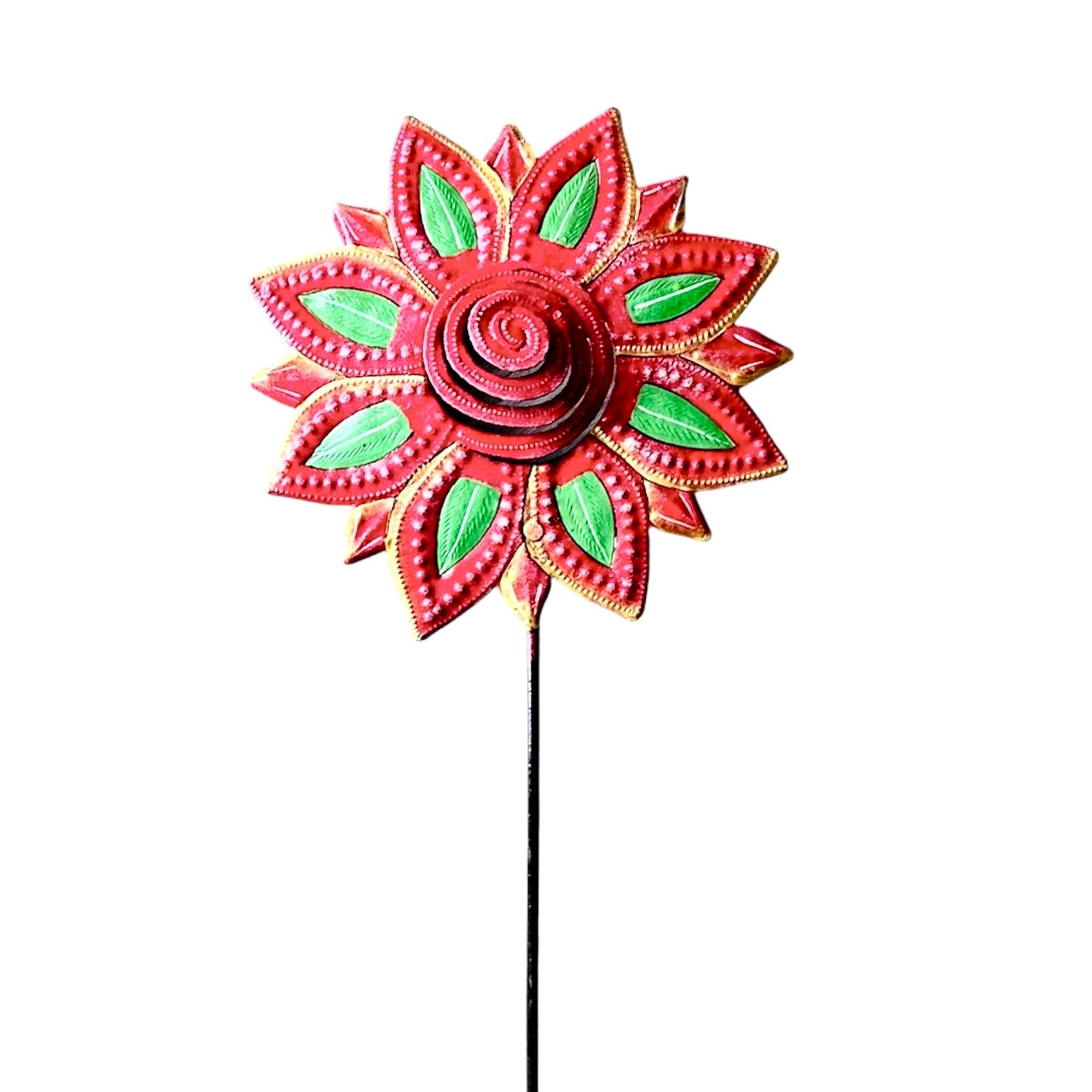 3-D Elaborate Red and Green Flower Garden Stake