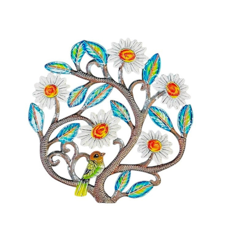 Green Bird Among Daisies