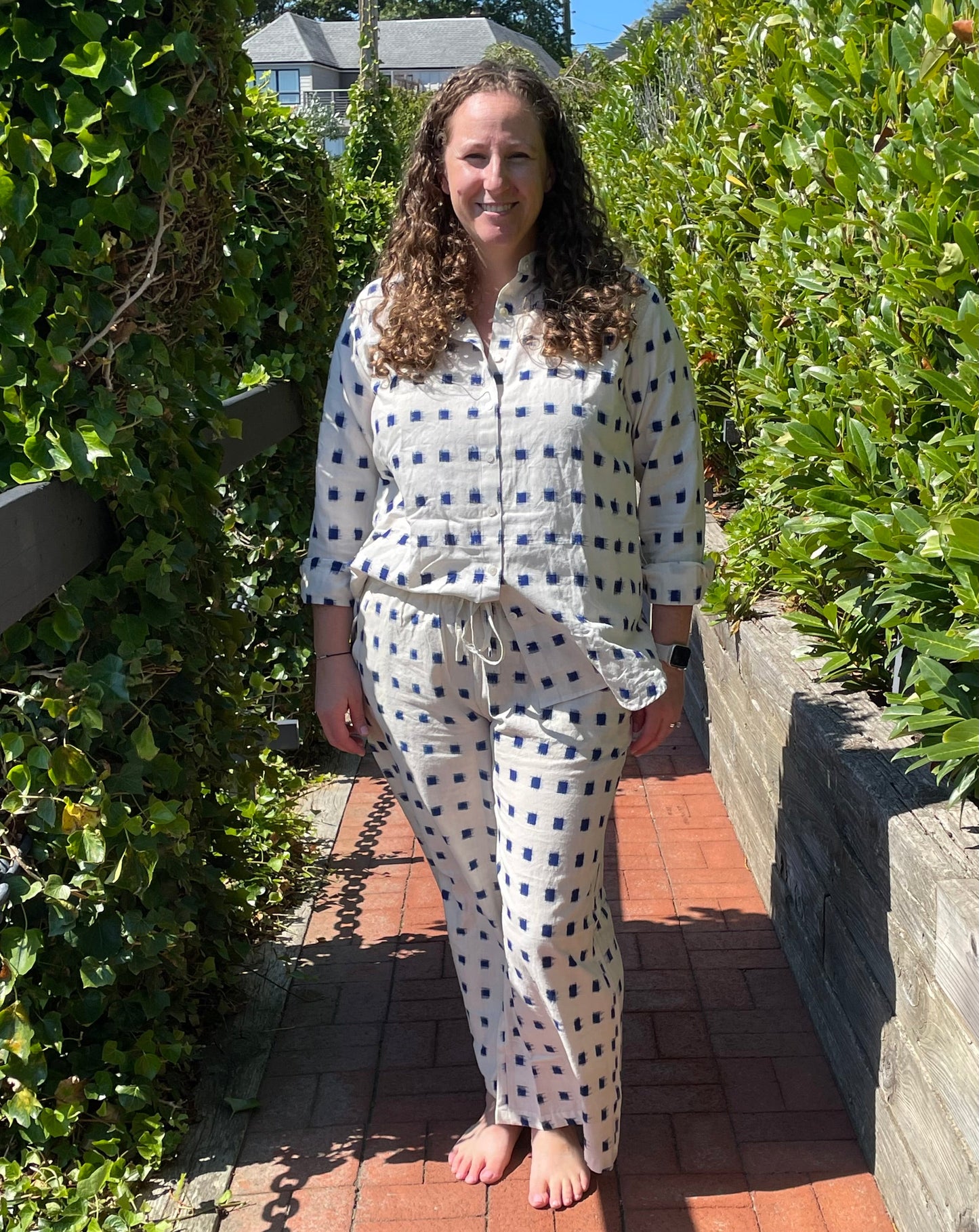 Good Boyfriend Shirt with Mandarin Collar - Ikat Squares Natural Cobalt