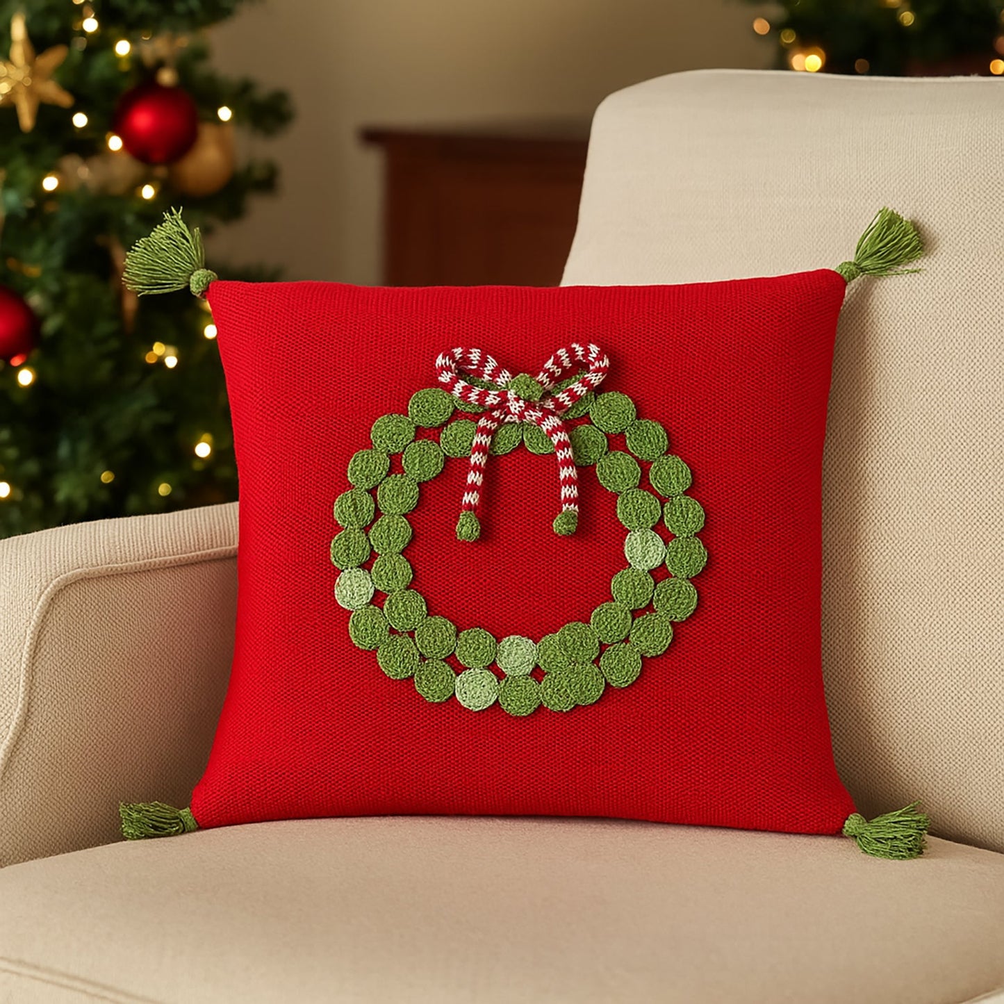 Green Wreath 14" Pillow, Red
