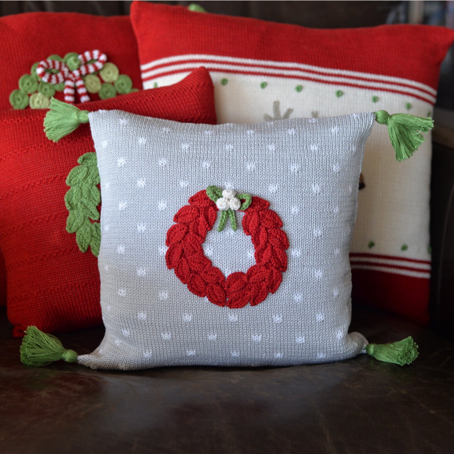 Red Wreath Pillow, Grey