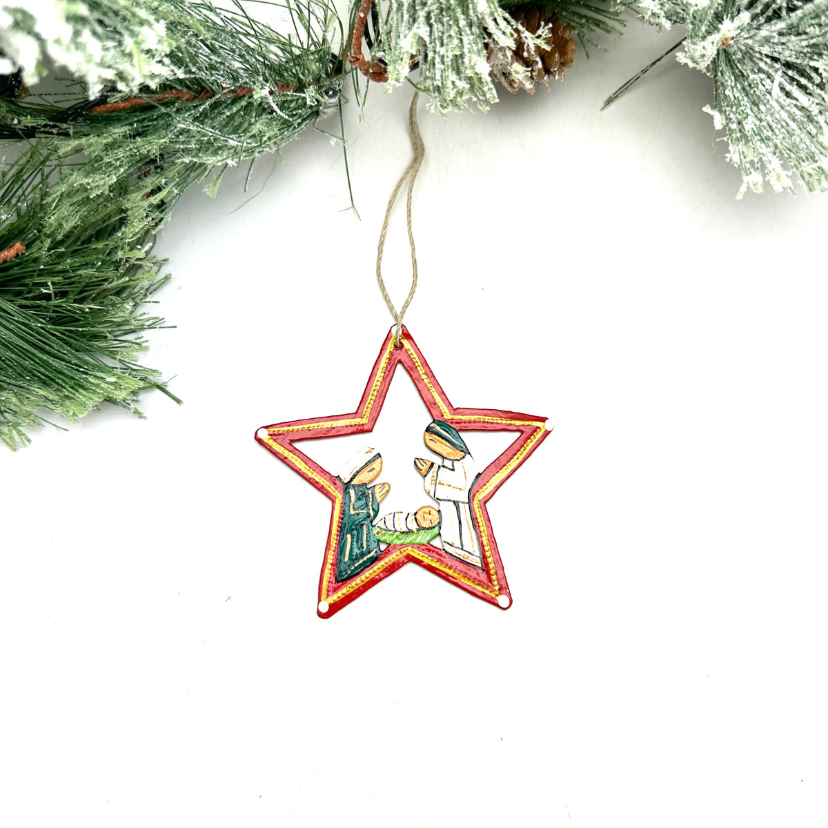 Red Painted Star Nativity Ornament — Handmade Steel Drum Haiti | Fair Trade Christmas Gift
