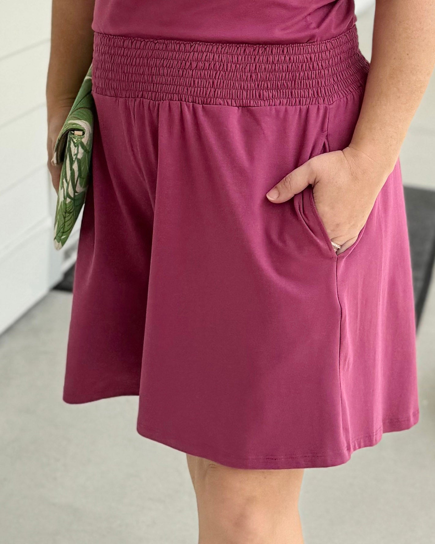 VENICE smocked shorts in Mauve Berry