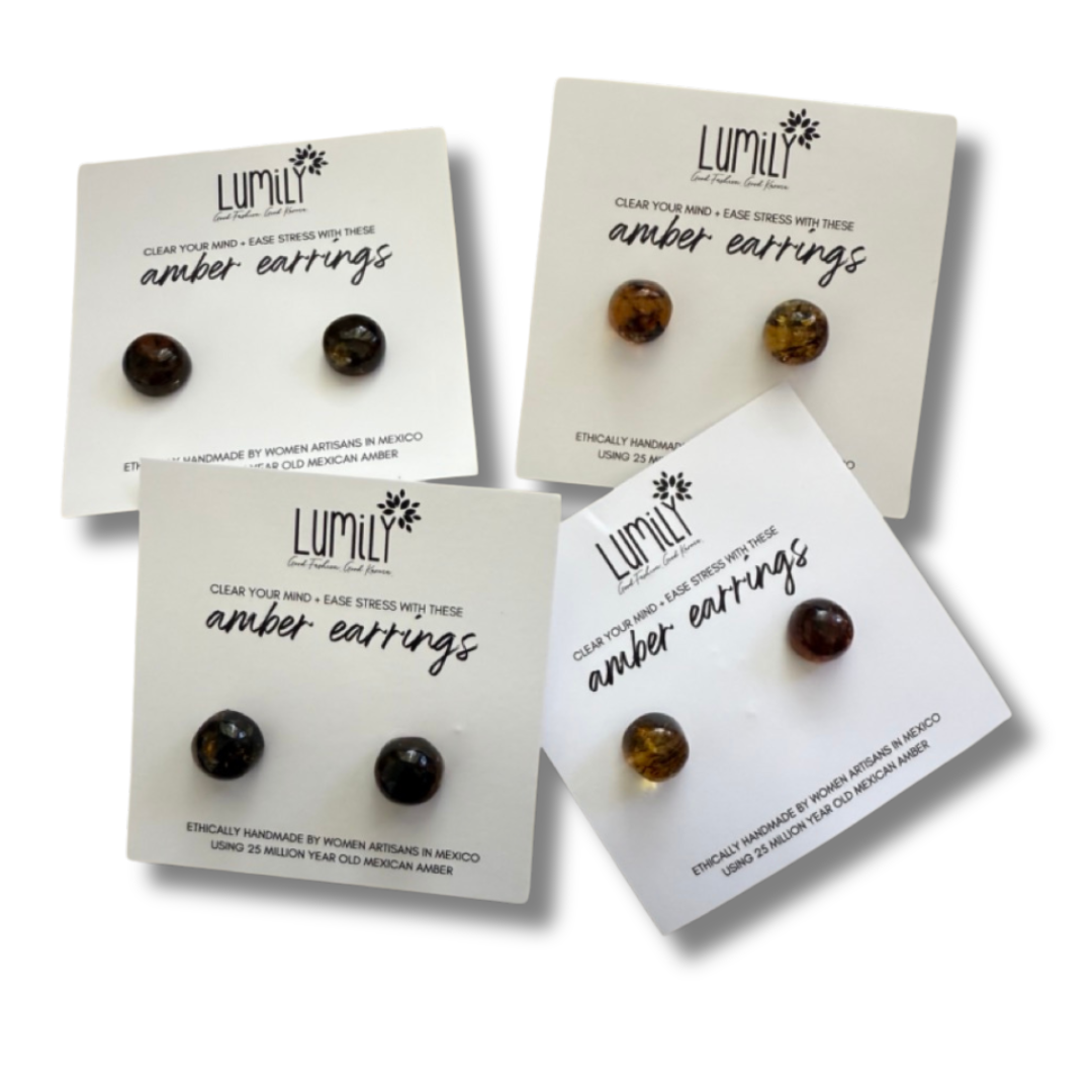 Erika Amber Stud Round Earrings Natural Resin Energetic - Mexico