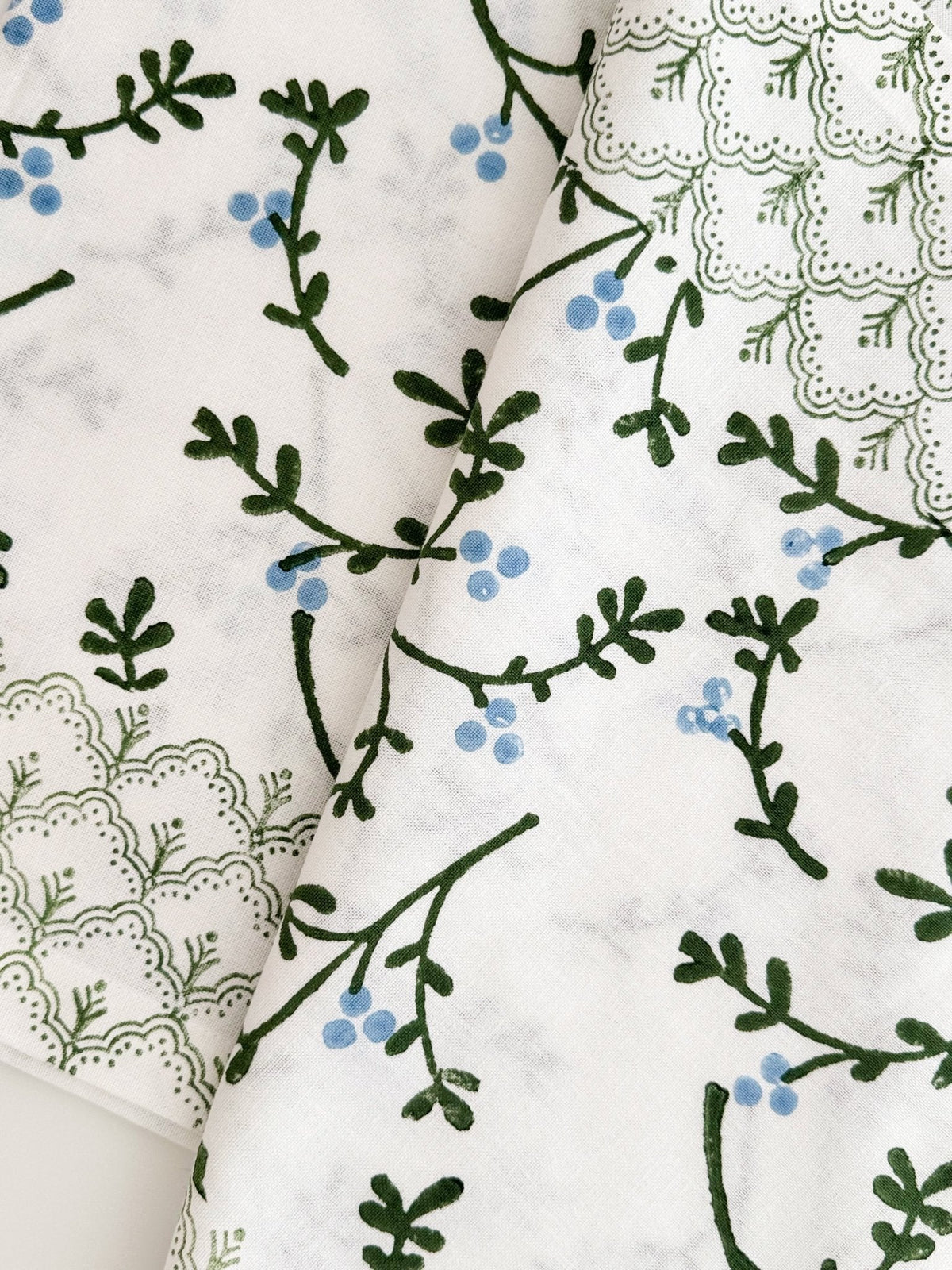 Hand Block Printed Table Runner - Winterberry, Sage & Uniform Blue