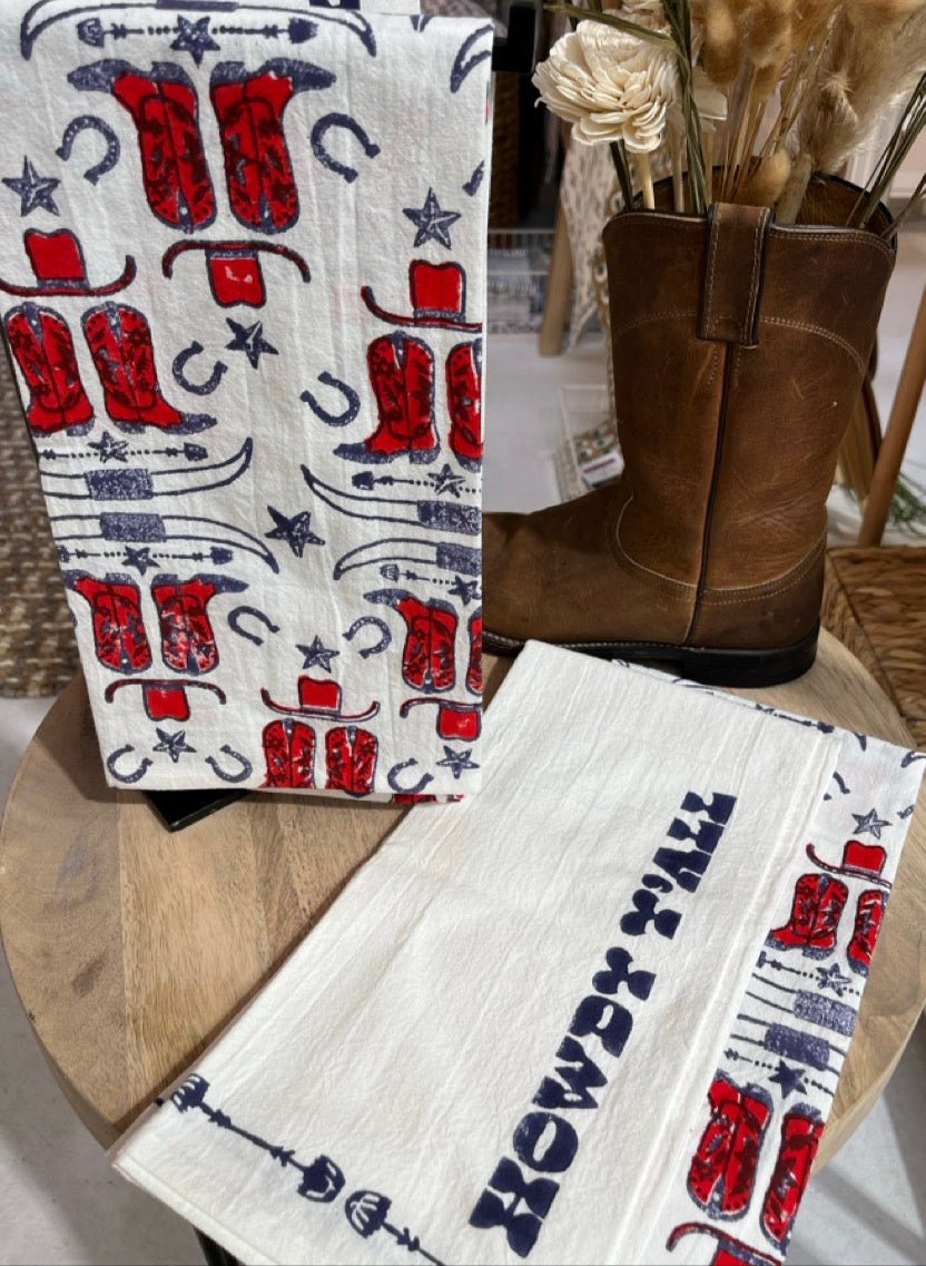 Tea Towel (Ivory) - Cowgirl Boots, Poppy & Navy