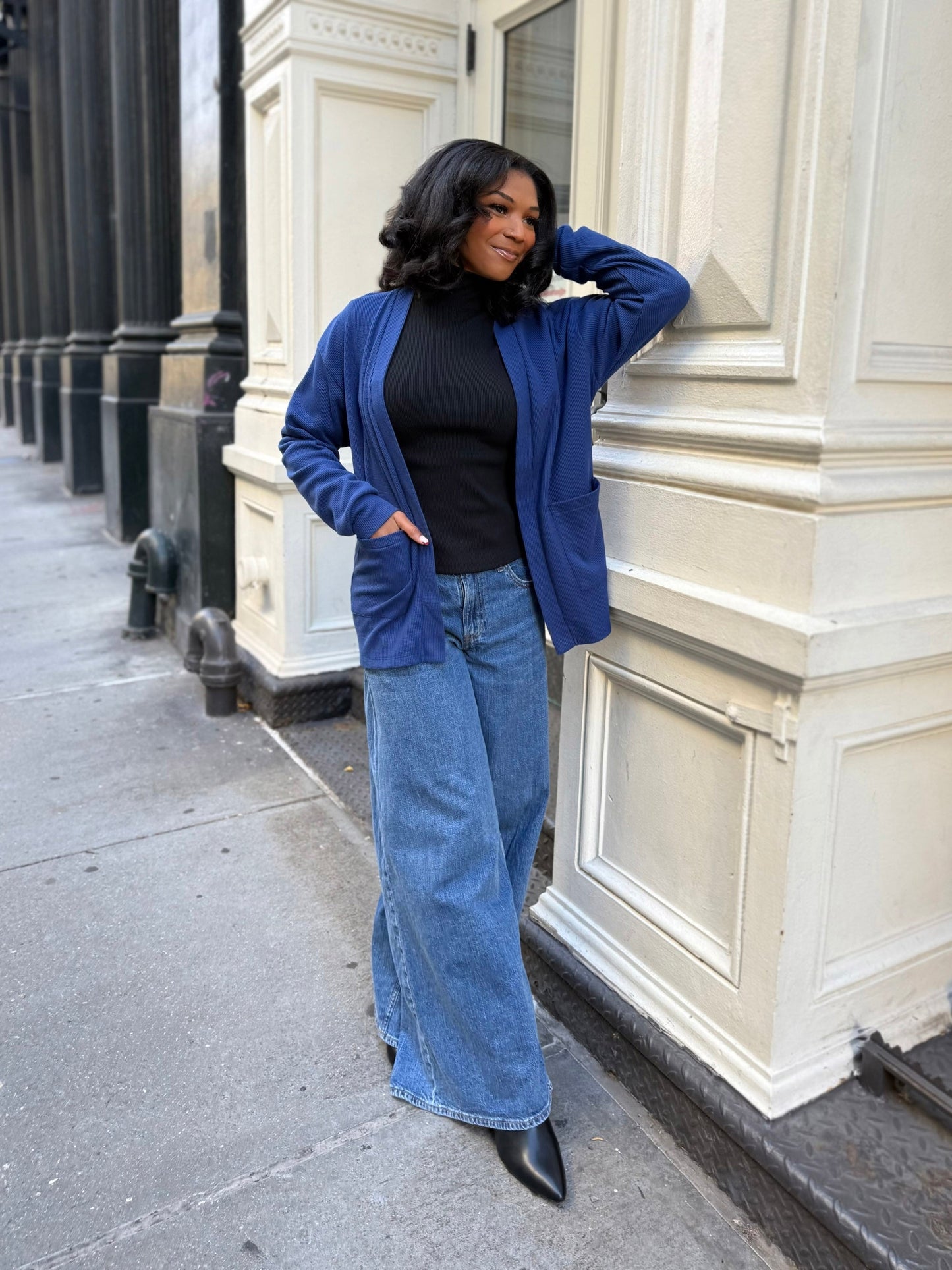 RILEY waffle knit cardigan in Blue Depths