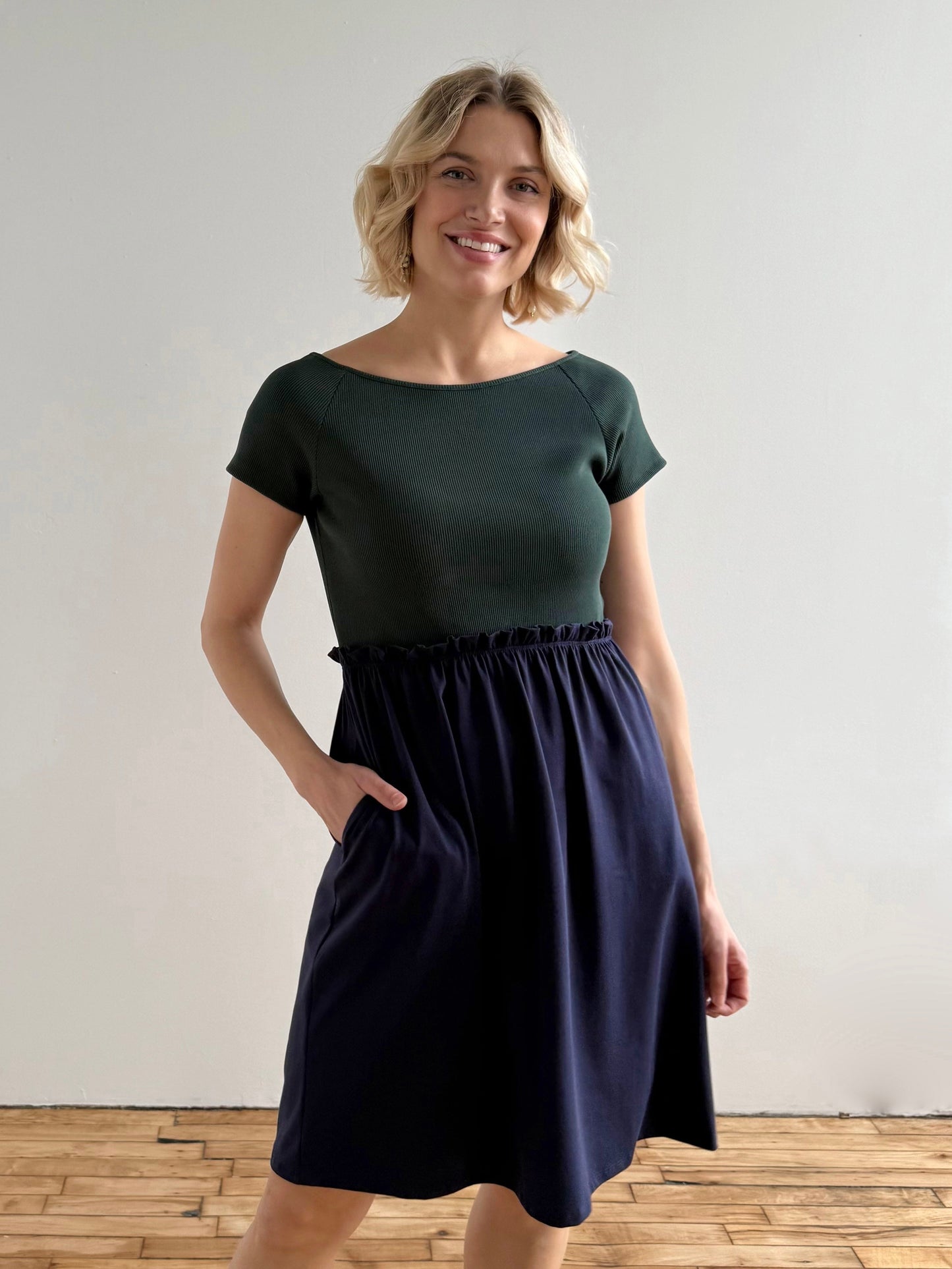 CAITLIN rib+jersey dress in Jade/Navy