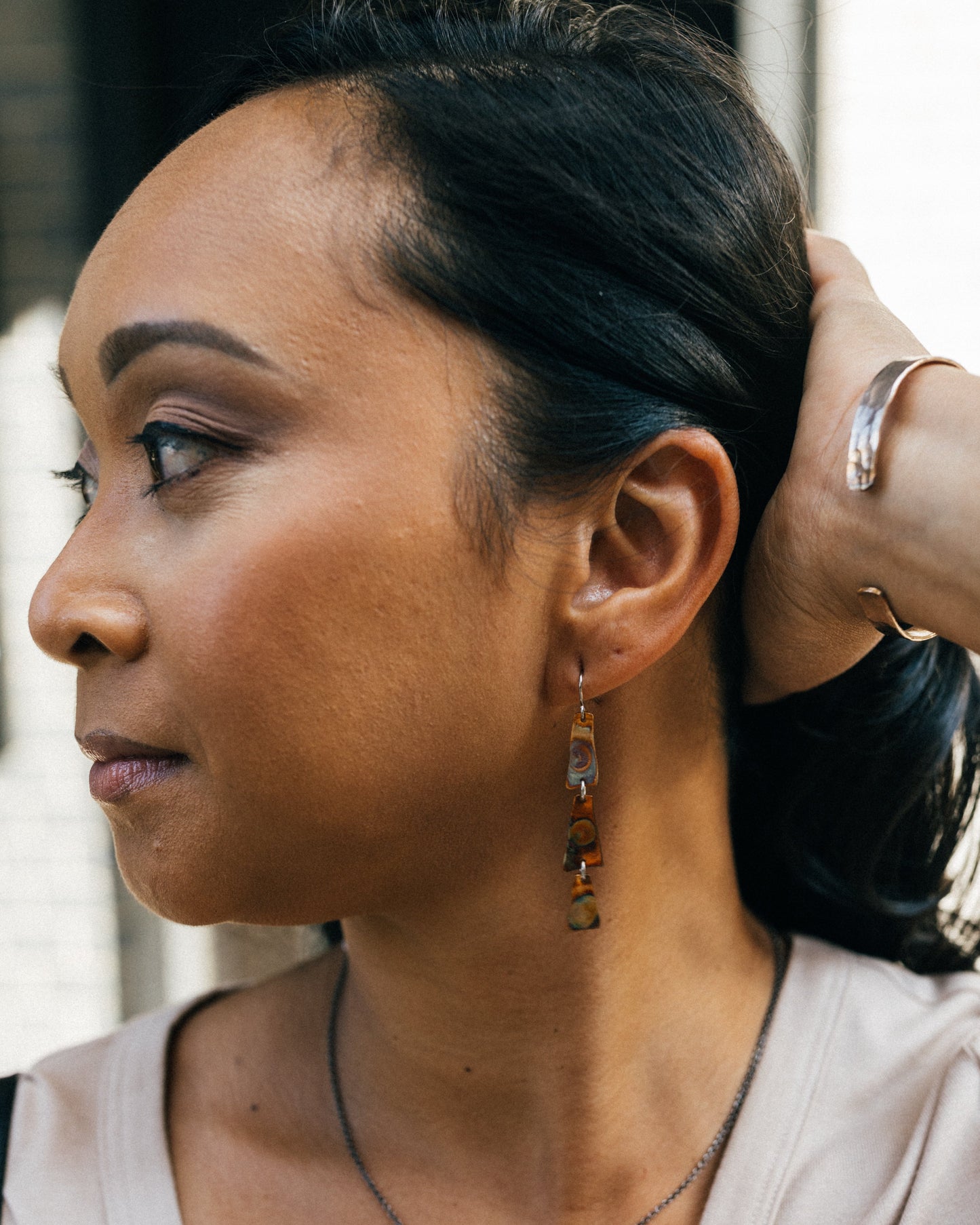 Copper Harbor Long Earrings | Repurposed Auto Copper Shims | Fire Patina | Stainless Steel Ear Wire