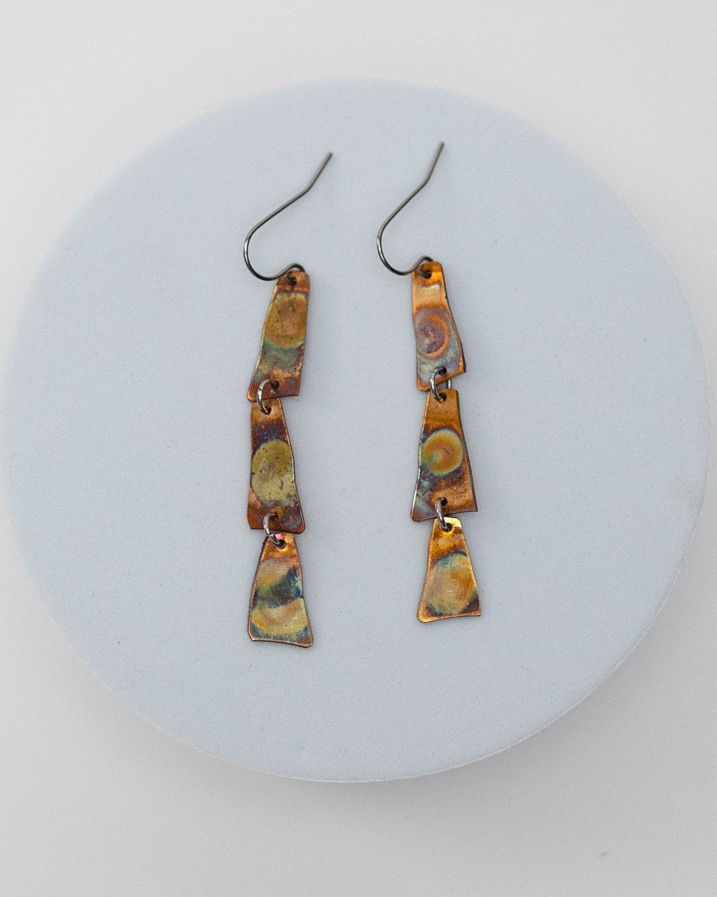 Copper Harbor Long Earrings | Repurposed Auto Copper Shims | Fire Patina | Stainless Steel Ear Wire