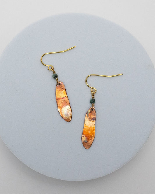 Take Flight Earrings | Repurposed Auto Shims | Jasper Bead with Copper Fire Patina | Gold Plated Ear Wire