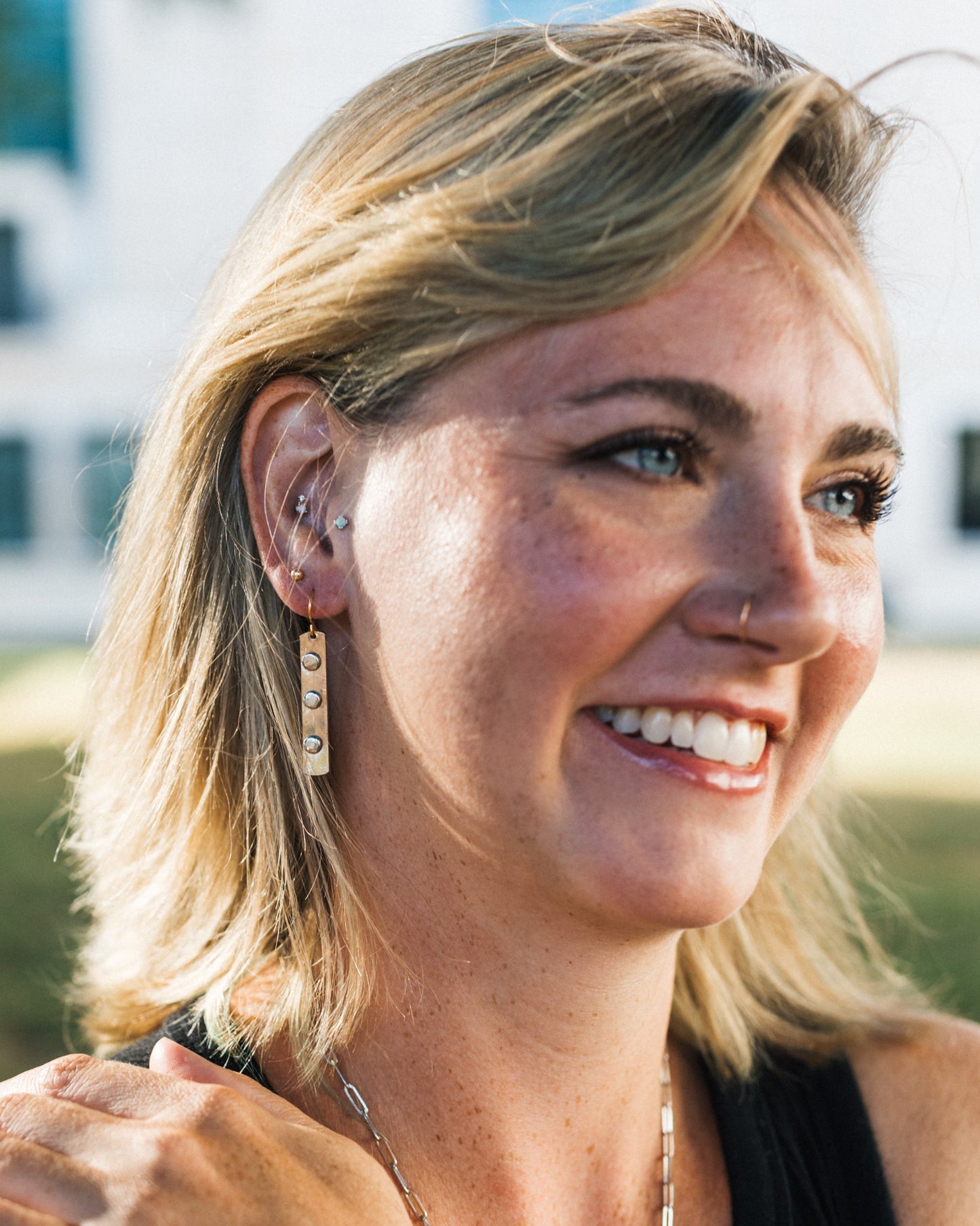 Like A Rock Earrings | Repurposed Auto Copper Brake Line | Steel Rivets | Gold Plated Ear Wire