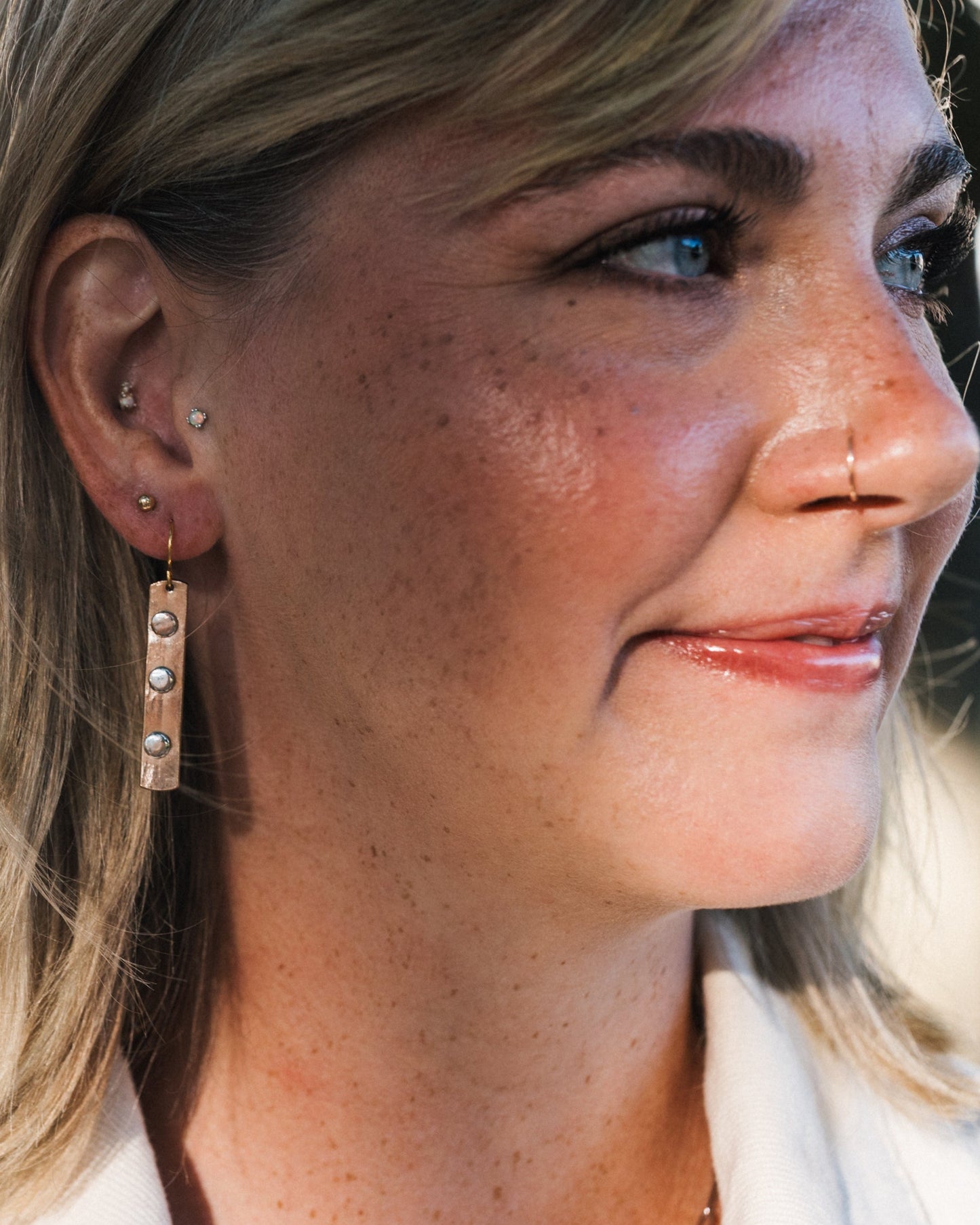 Like A Rock Earrings | Repurposed Auto Copper Brake Line | Steel Rivets | Gold Plated Ear Wire