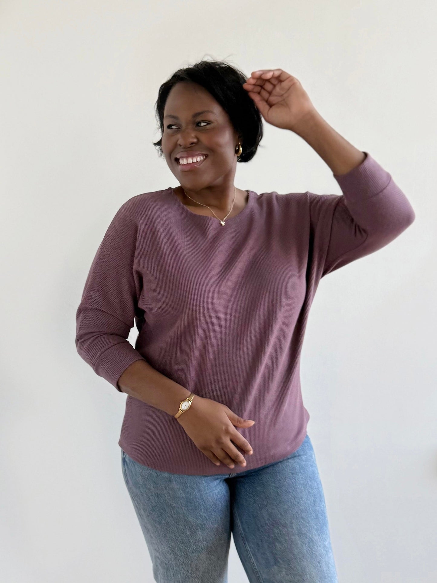 TENLEY waffle knit top in Plum Shadow