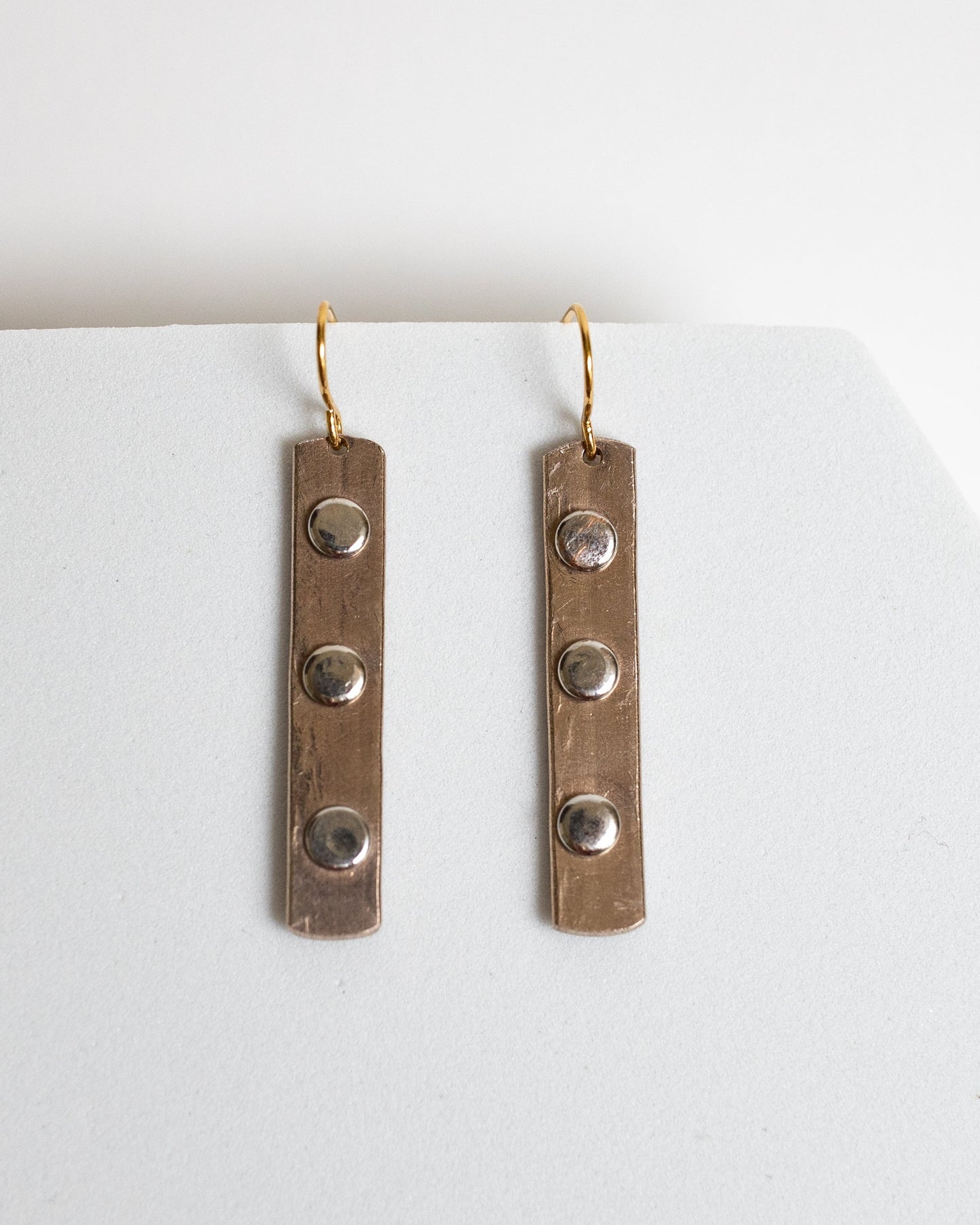 Like A Rock Earrings | Repurposed Auto Copper Brake Line | Steel Rivets | Gold Plated Ear Wire