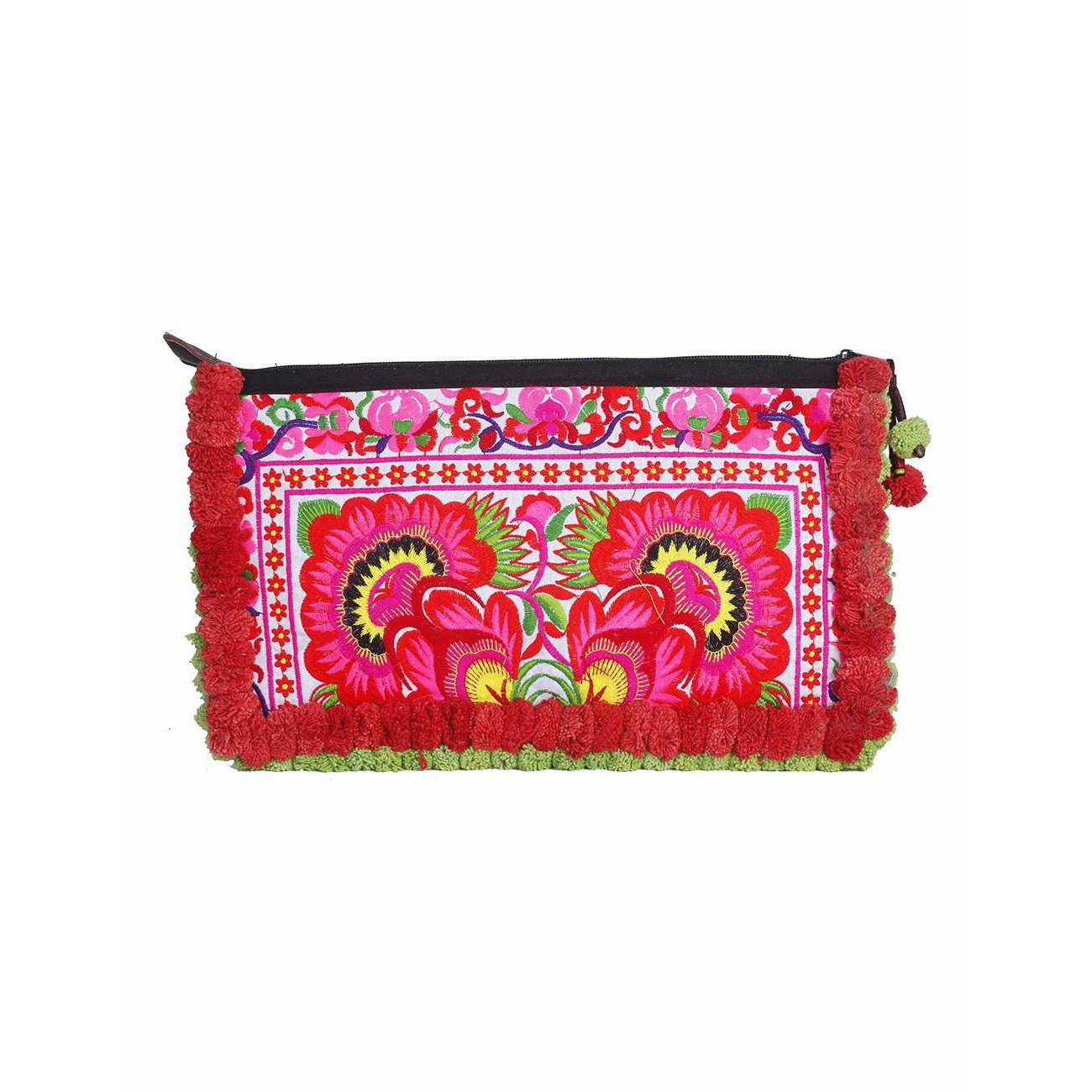 Double Pompom Embroidered Hmong Clutch - Thailand