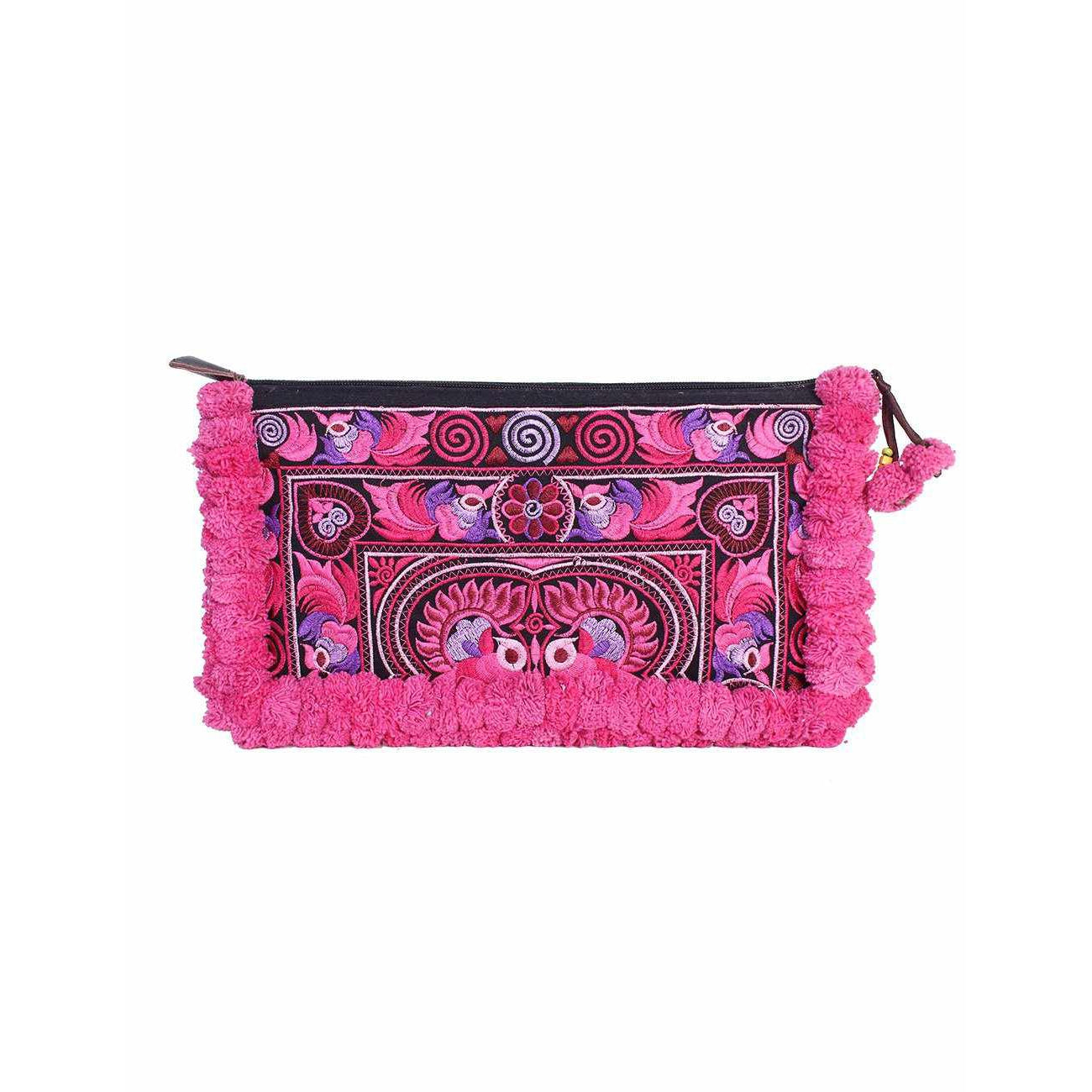 Double Pompom Embroidered Hmong Clutch - Thailand