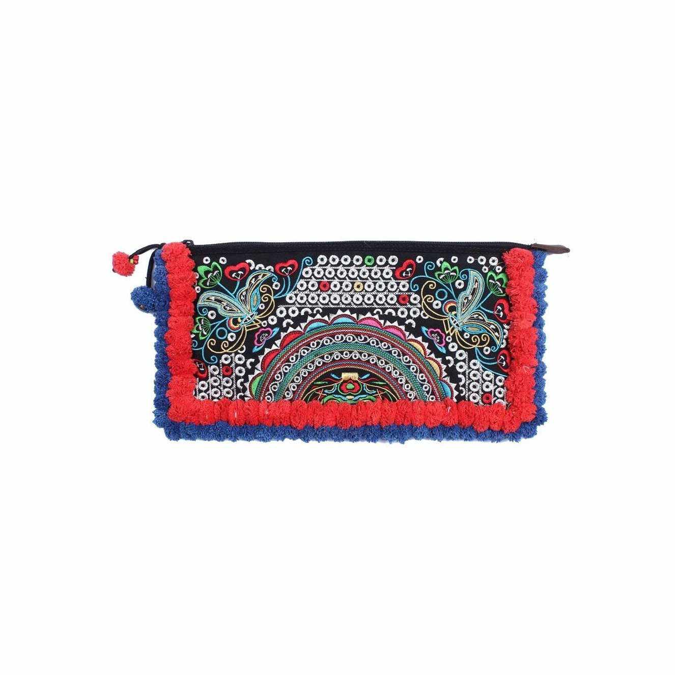 Double Pompom Embroidered Hmong Clutch - Thailand