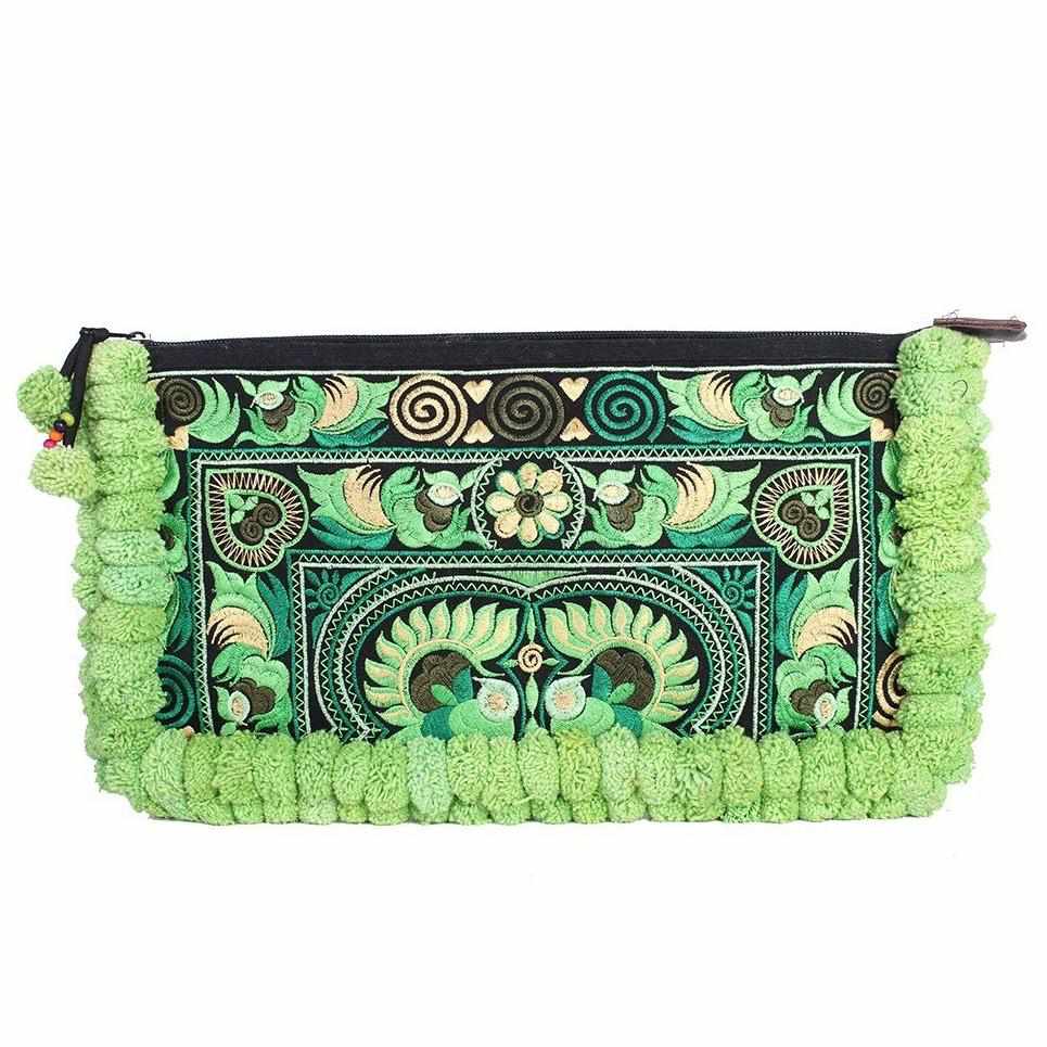 Double Pompom Embroidered Hmong Clutch - Thailand
