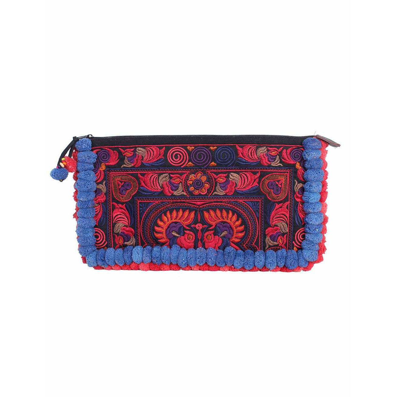 Double Pompom Embroidered Hmong Clutch - Thailand