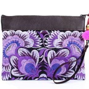 Embroidered Flower Leather Trim Wristlet - Thailand