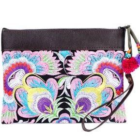 Embroidered Flower Leather Trim Wristlet - Thailand