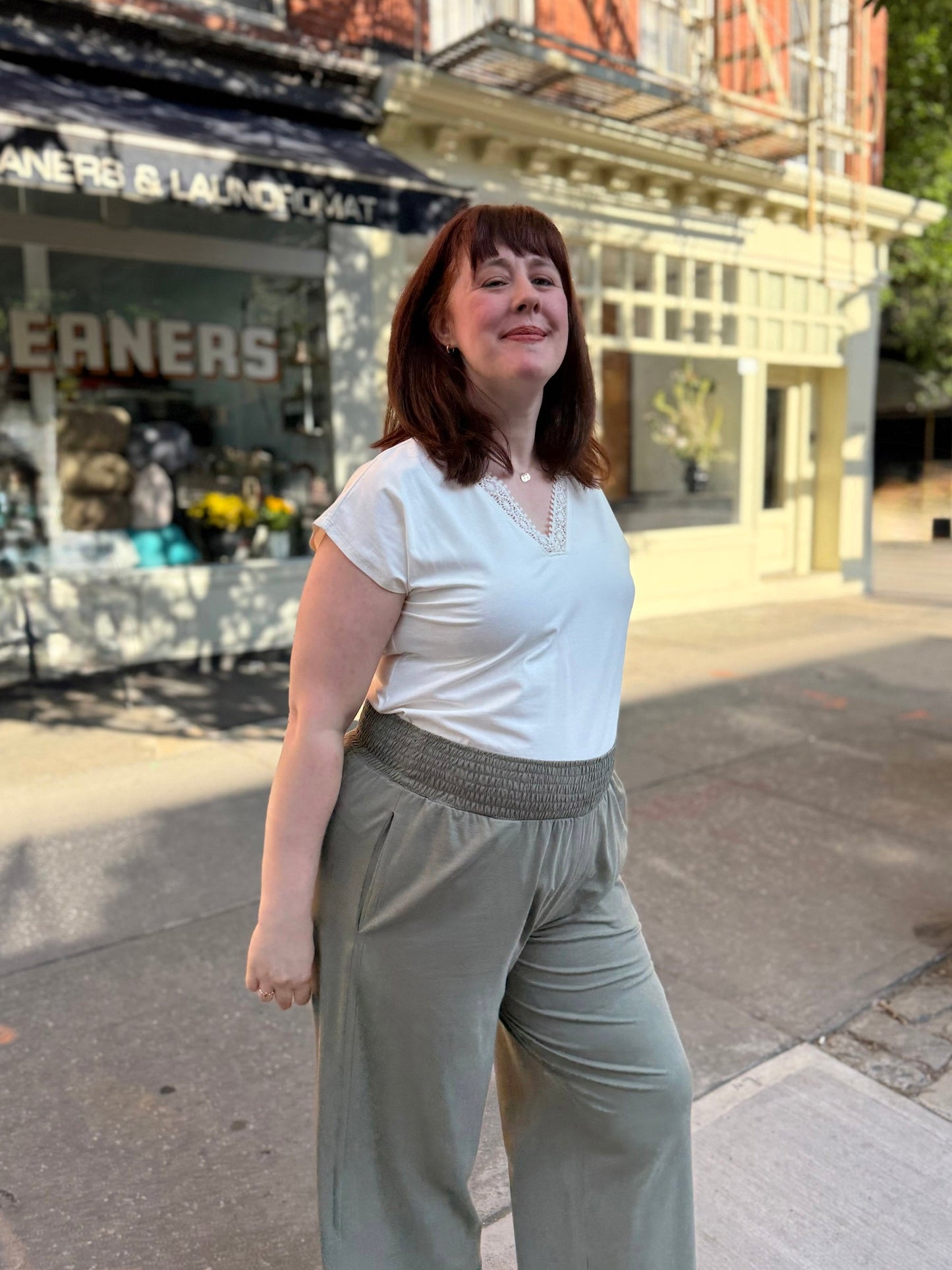 EVELINE smocked jersey pants in Silver Sage