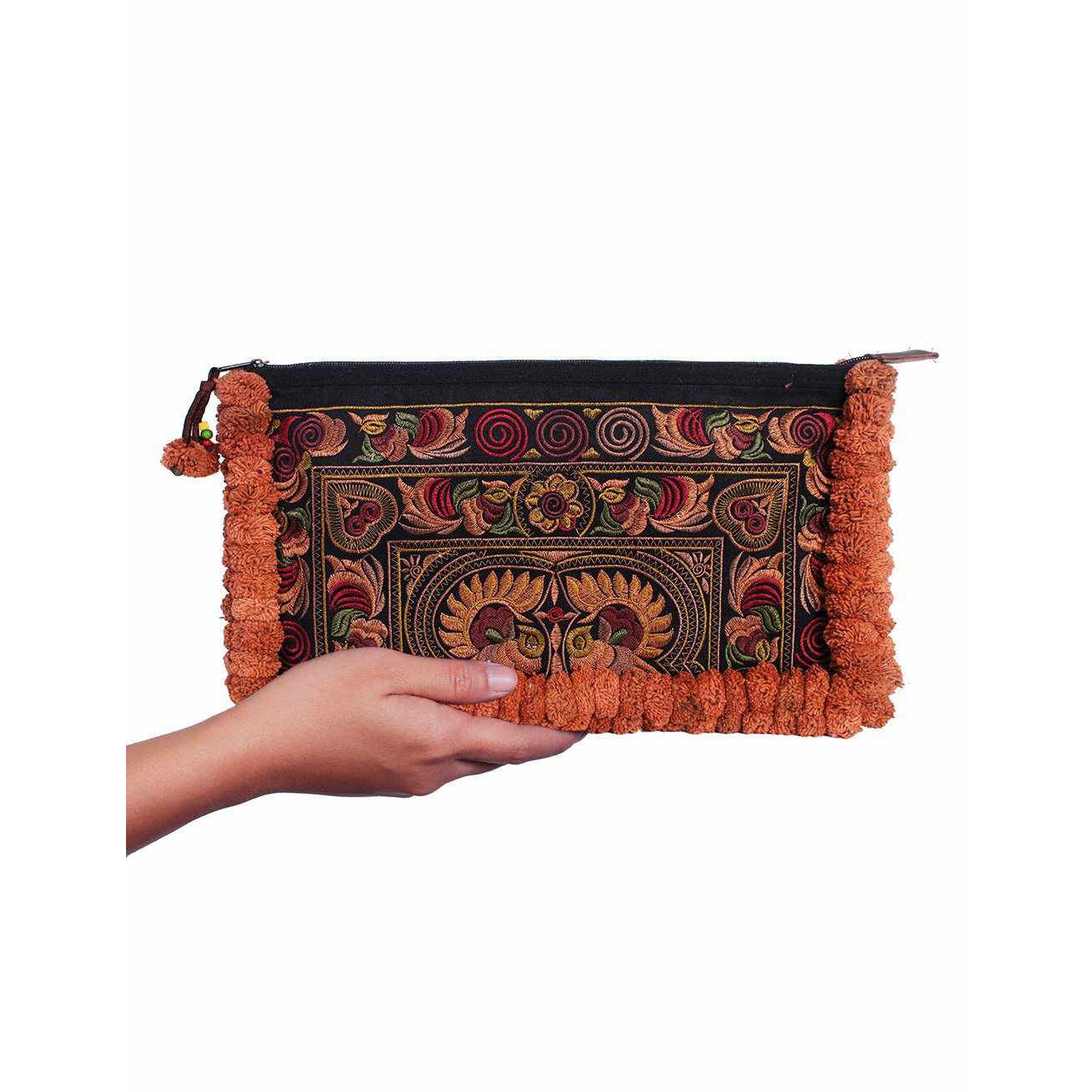 Double Pompom Embroidered Hmong Clutch - Thailand