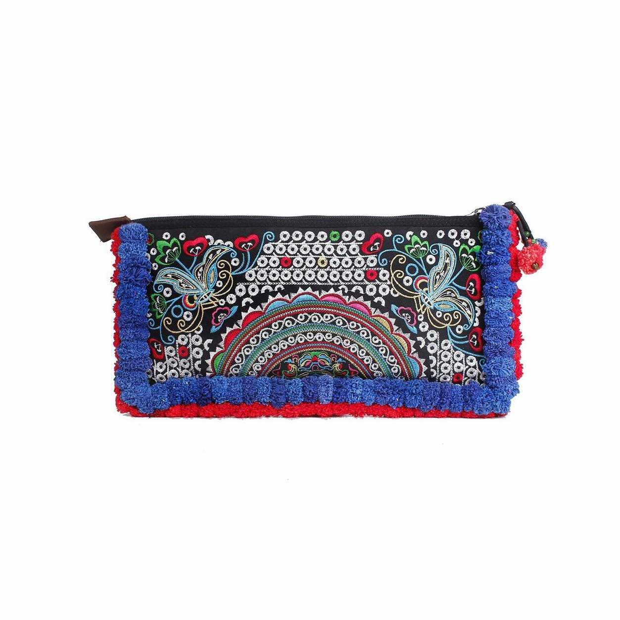 Double Pompom Embroidered Hmong Clutch - Thailand