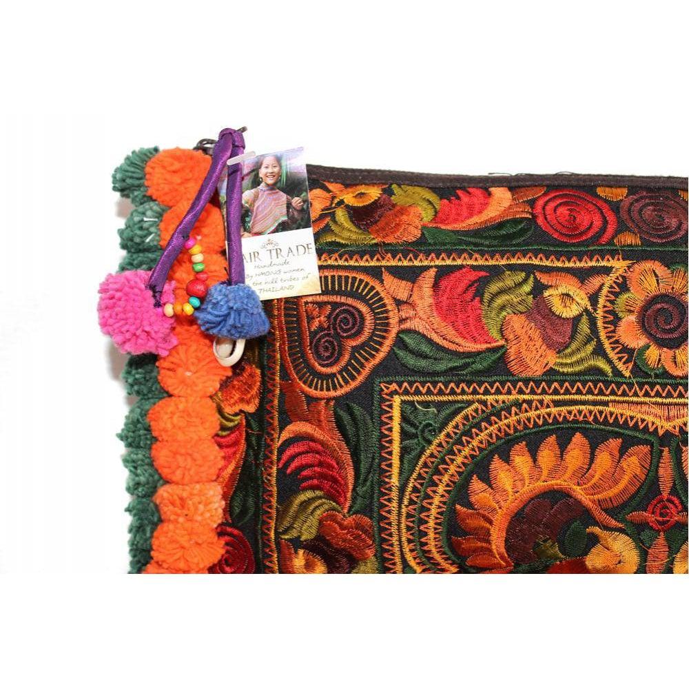 Double Pompom Embroidered Hmong Clutch - Thailand
