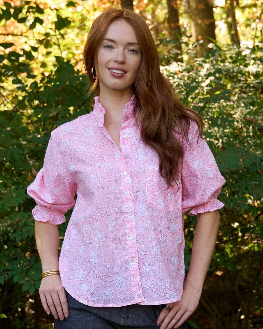Good Girlfriend Shirt with Ruffle Trim Floral Escape Tickled Pink/Rose