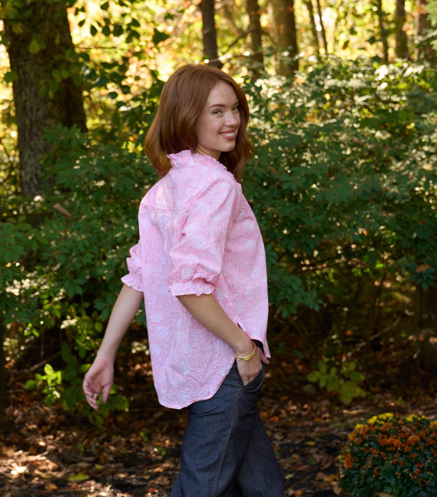 Good Girlfriend Shirt with Ruffle Trim Floral Escape Tickled Pink/Rose