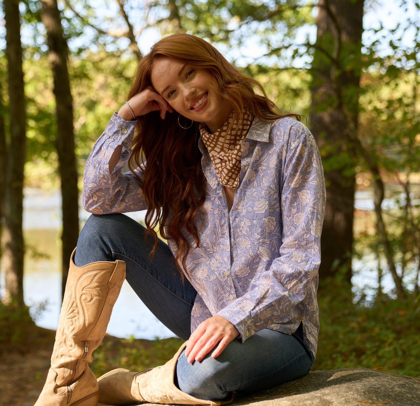 Good Boyfriend Shirt - Floral Escape Bluebird and Dove Grey